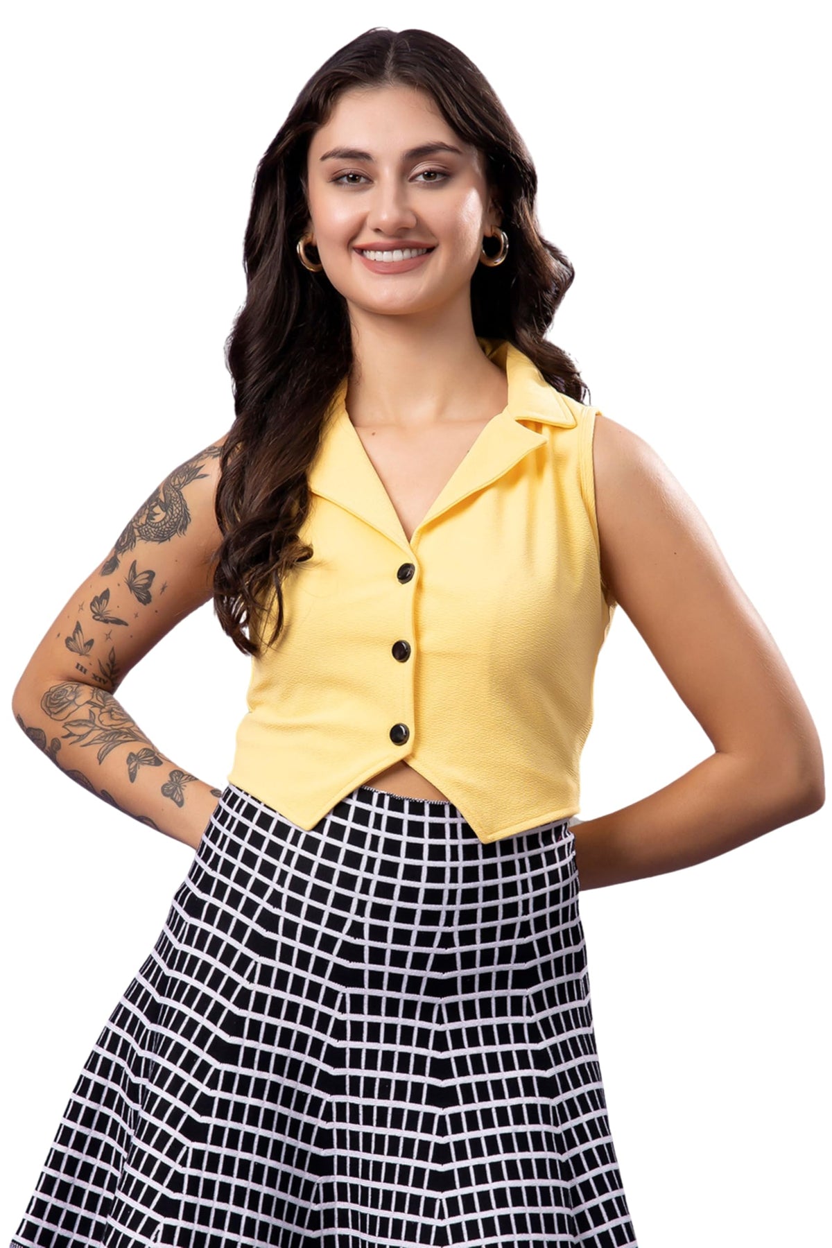 POPWINGS Lime Yellow Solid Button Clousre V Neck Sleeveless Waistcoat Crop Top