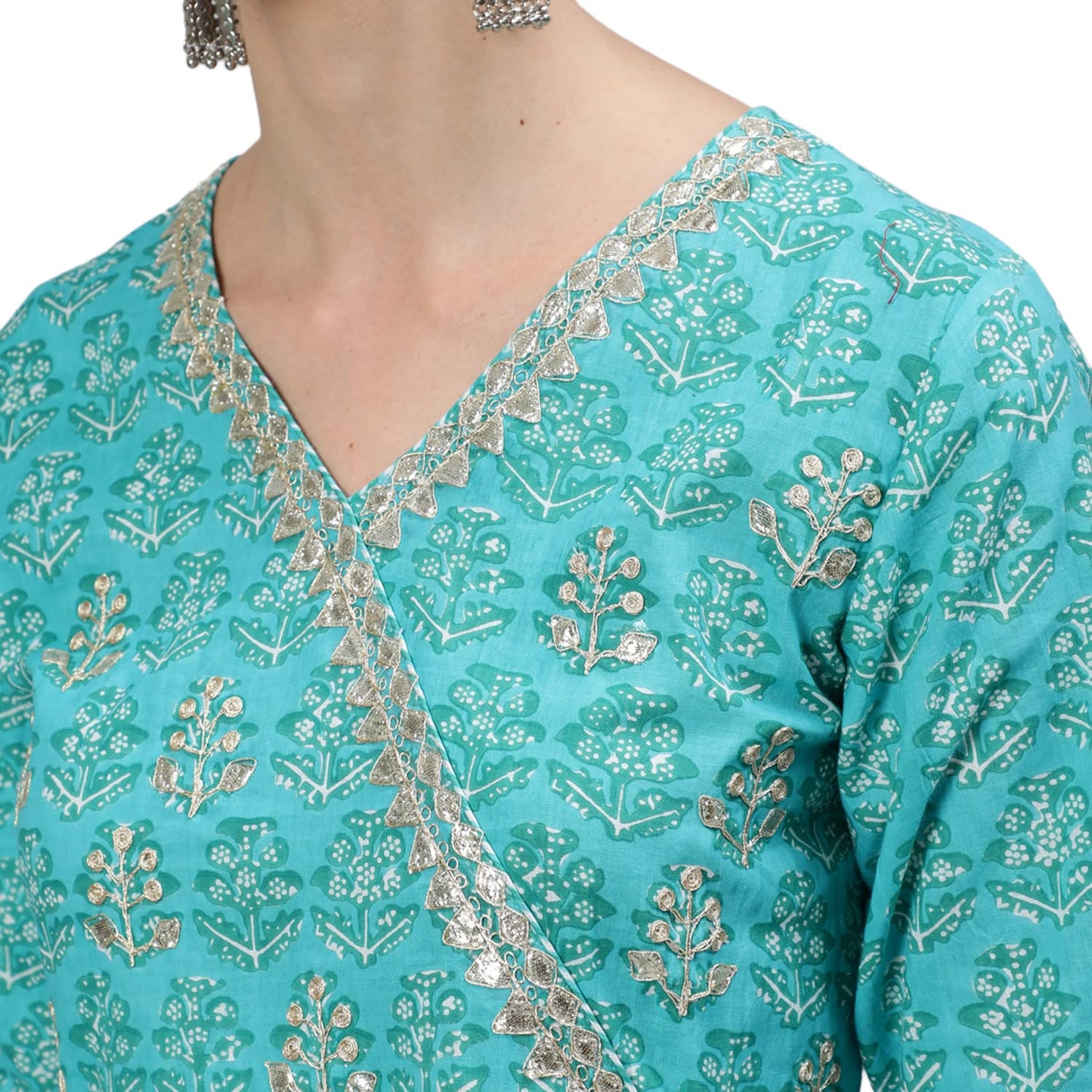 ishin Women's Pure Cotton Sea Green Embroidered & Zari work Anarkali Kurta suit set With Dupatta & Sharara