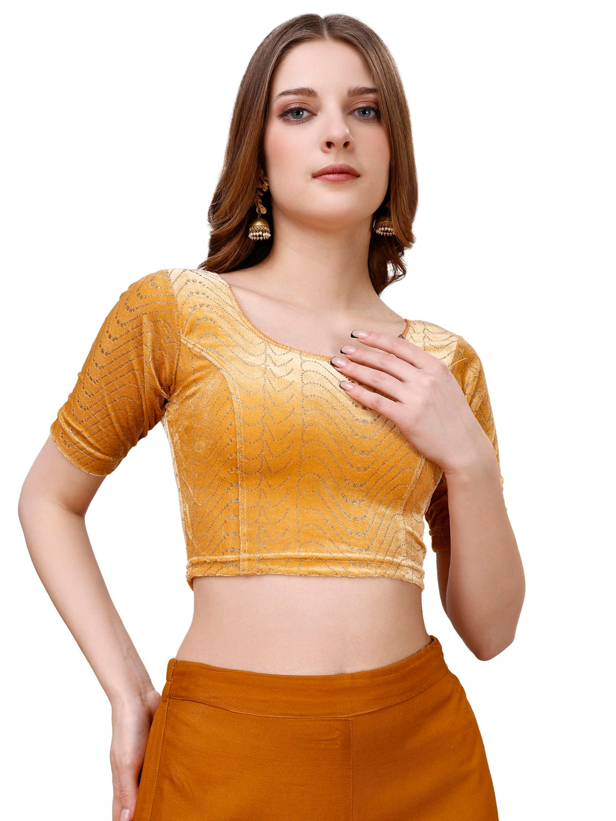 Pujia Mills WomenS Readymade Hosiery Velvet Lycra Stretchable Round Neck Half Sleeve Blouse With Jari Work Fancy Gold Color Lyc
