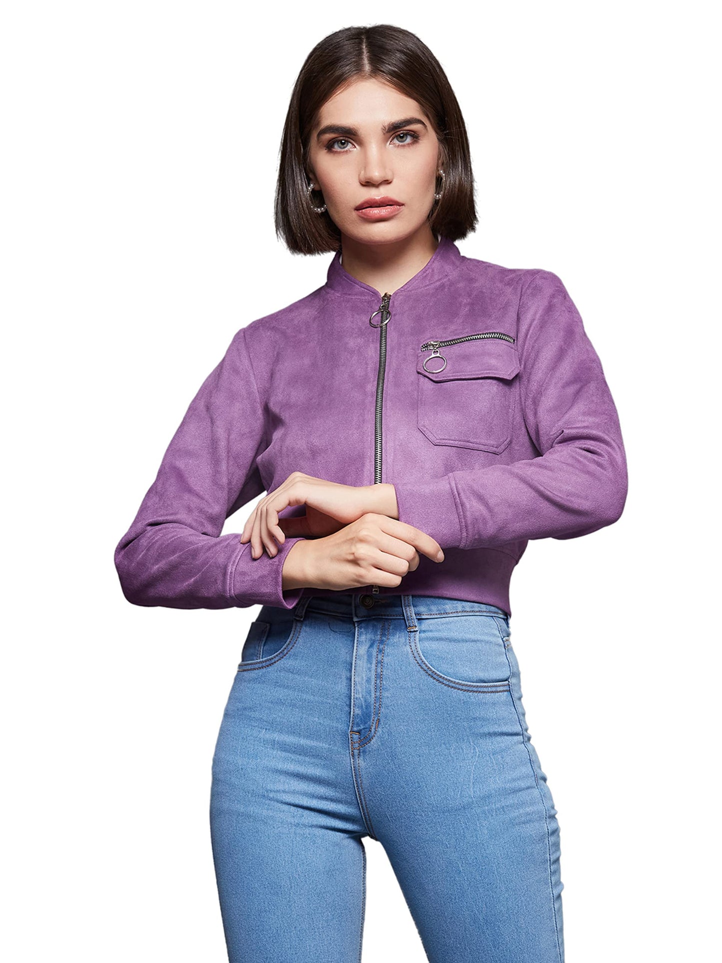 Miss Chase Womens Dark Lavender Mandarin Collar Full-Sleeve Solid Crop Polyester Jacket (MCAW22JKT03-52-241-06, Dark Lavender,