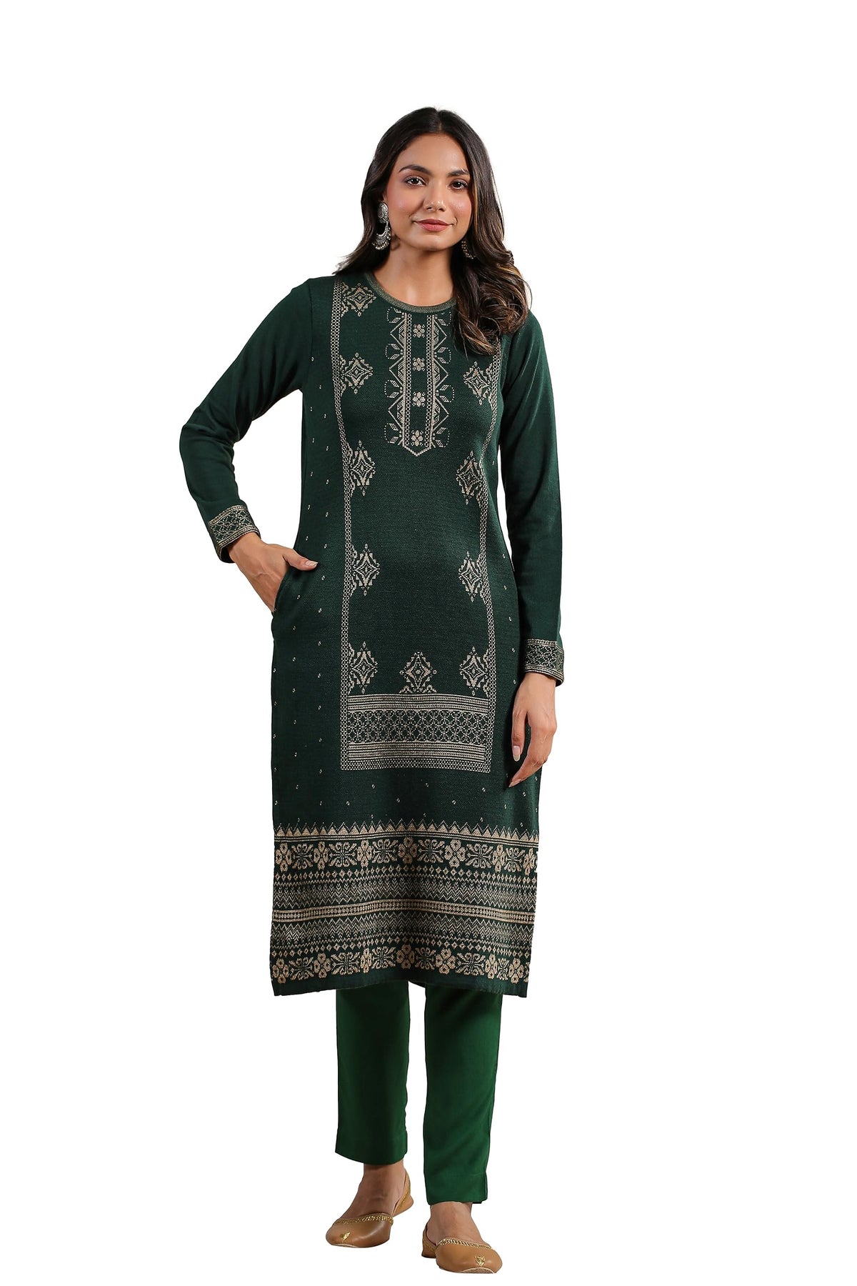 Ishin WomenS Green Jacquard Style Geometric Pattern Straight Winterwear Kurta