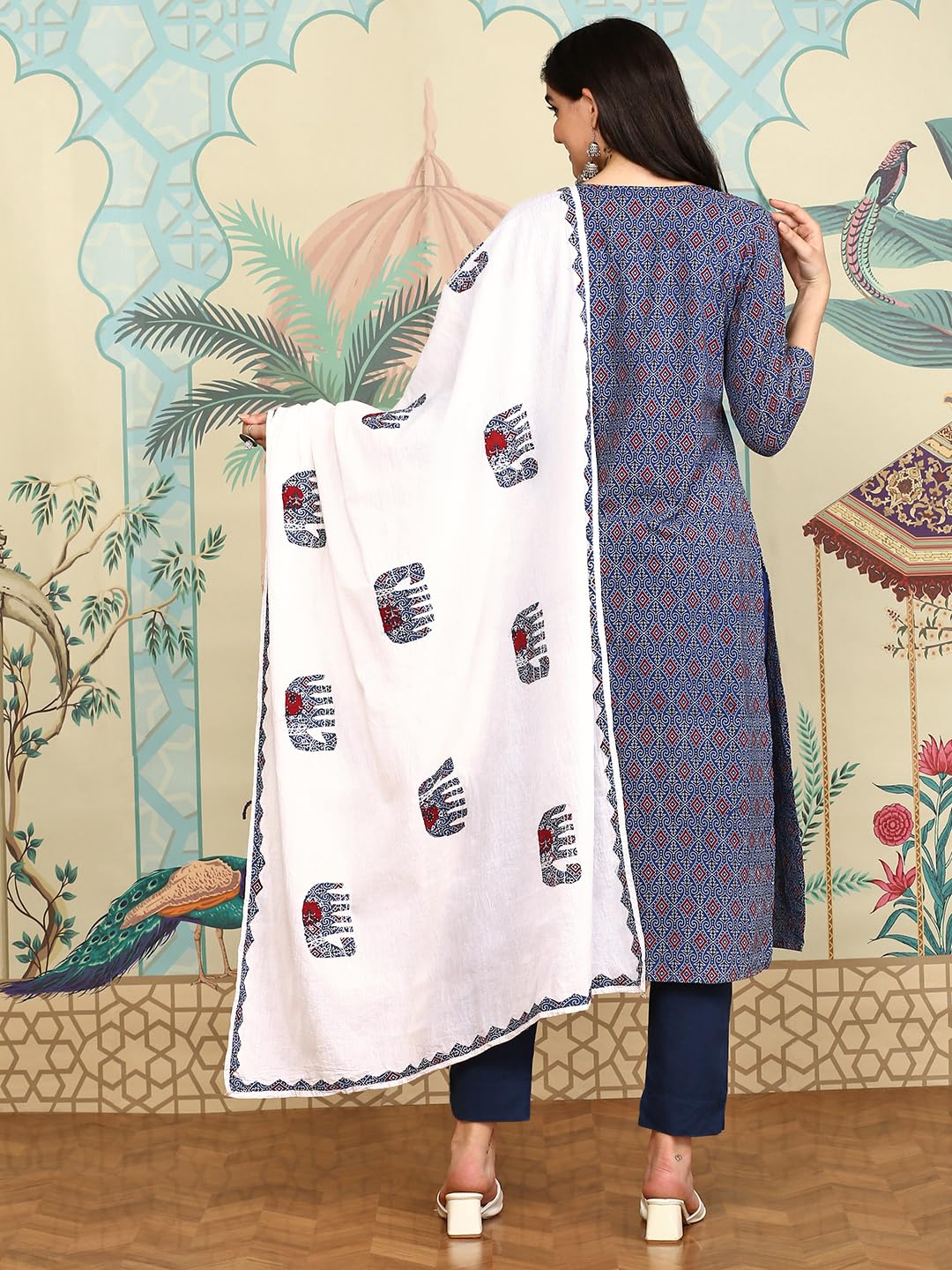 Ajrakh Inspired Printed Cotton Kurta And Pant With Hand Applique Dupatta | Kurta Set For Women | Kurta With Trousers And Dupatta