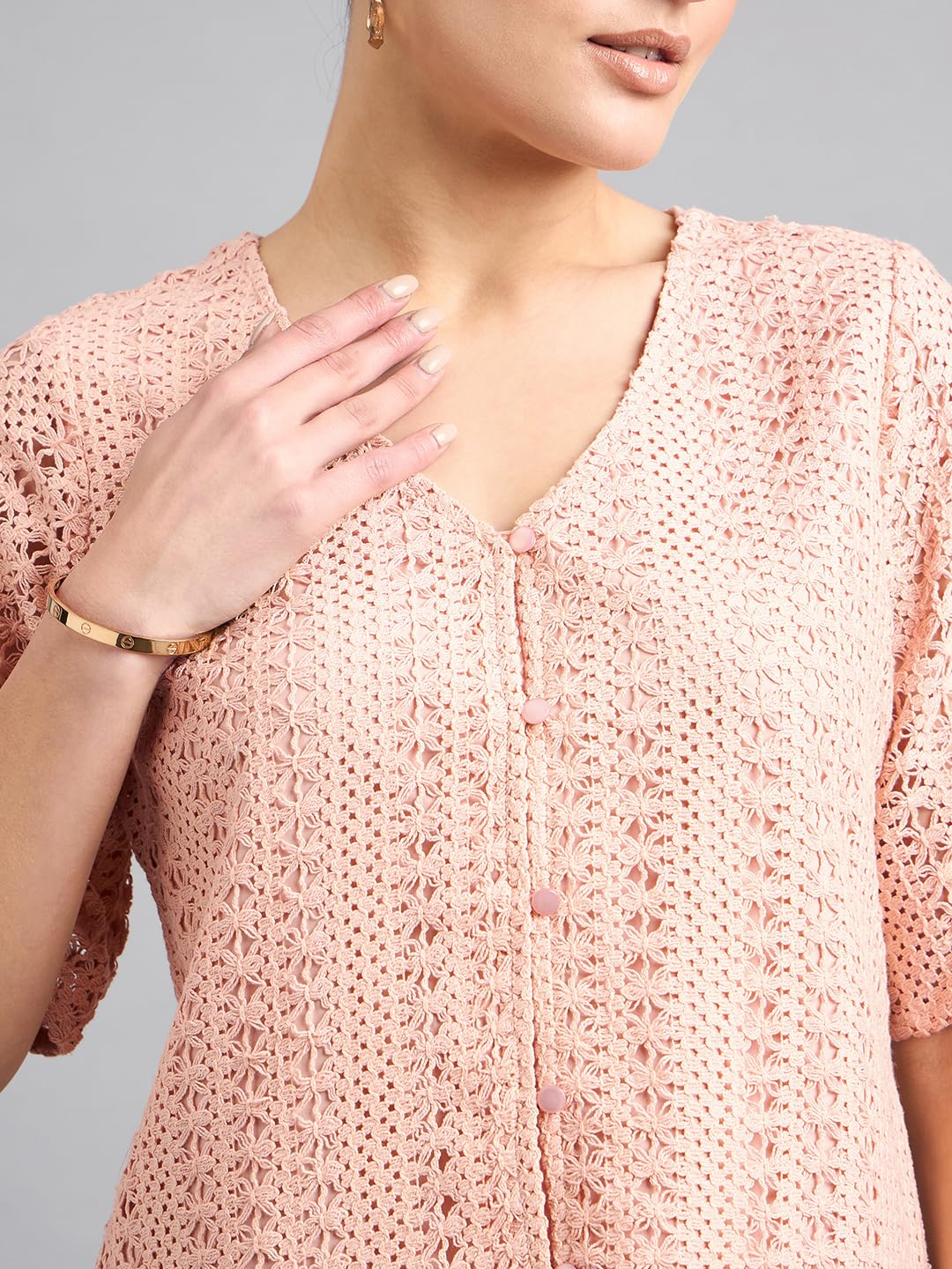 Style Quotient Women Peach Lace Casual Shirt Style Top