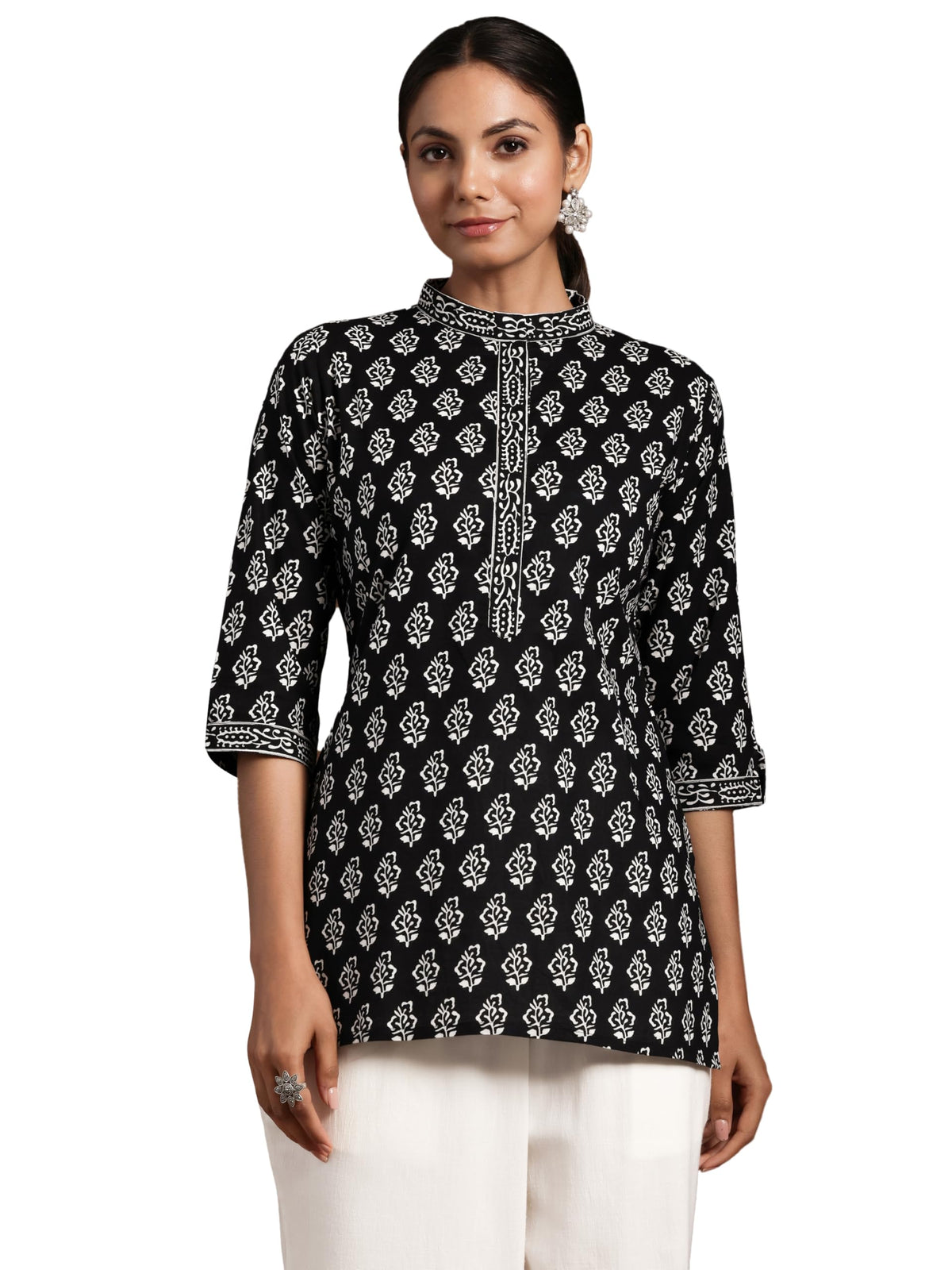 Libas WomenS Cotton Printed A-Line Kurtis (26584_Black