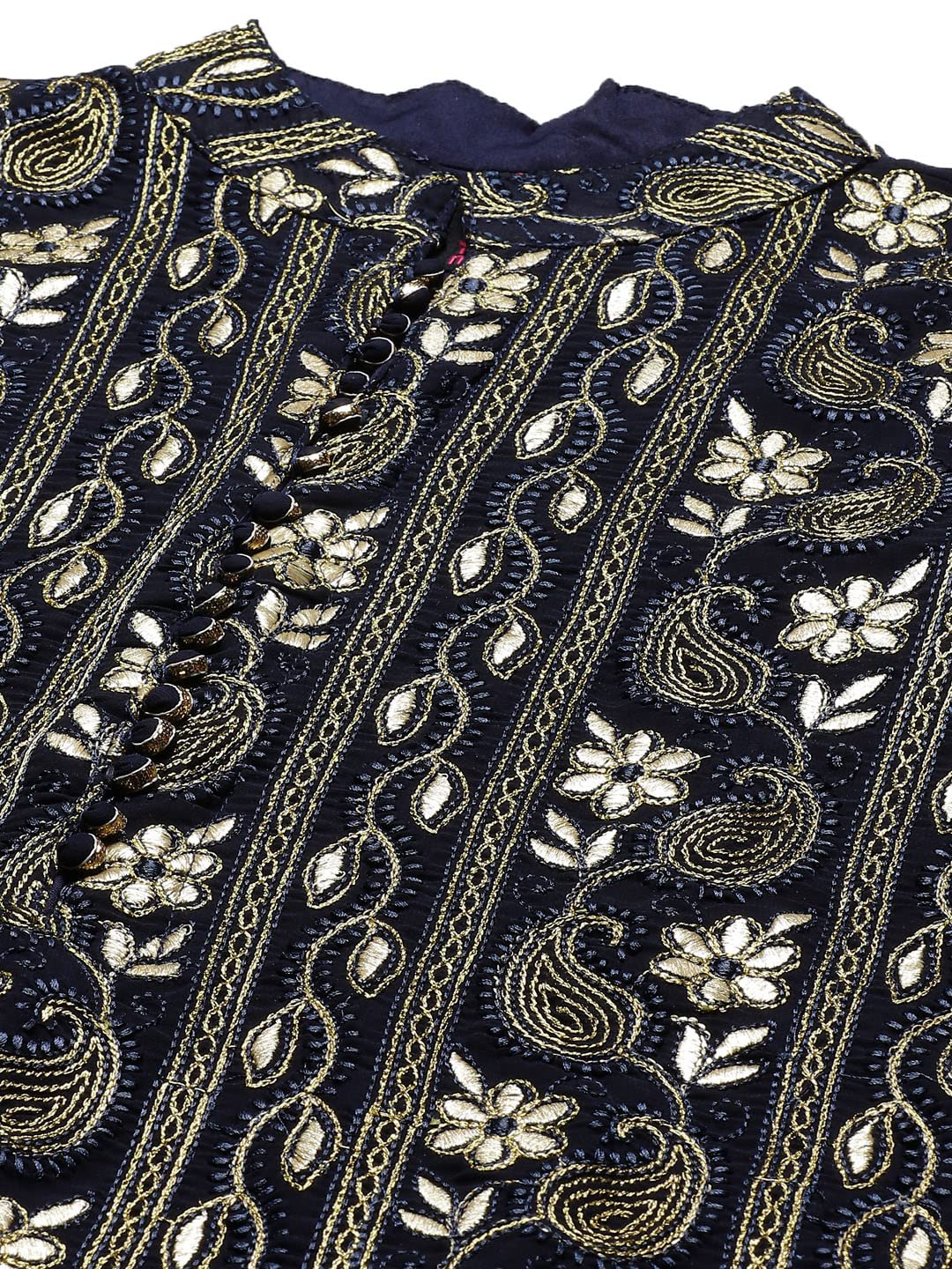 ishin Women's Georgette Navy Blue Embroidered A-Line Kurta With Trouser & Dupatta
