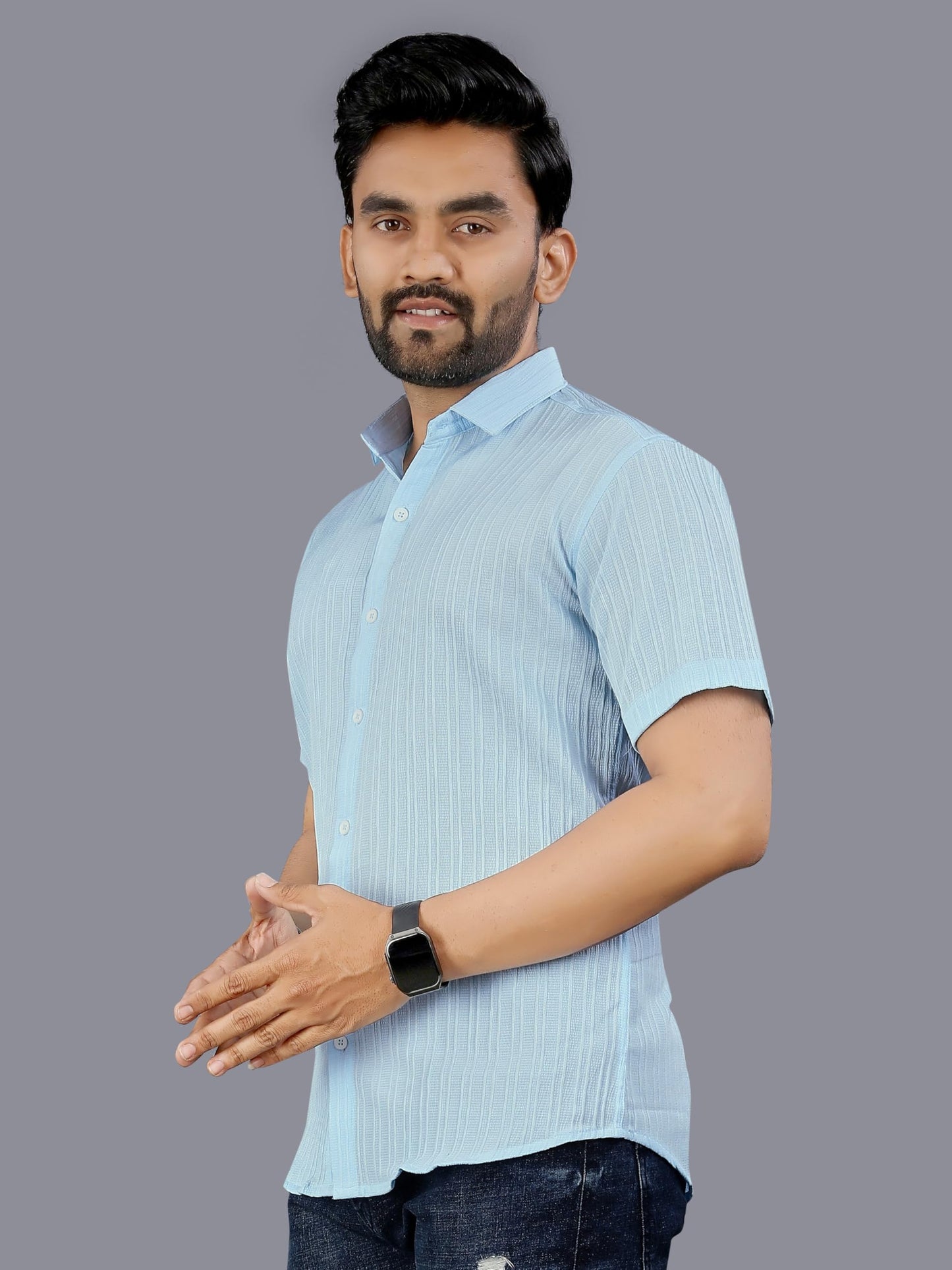Mildin MenS Cotton Blend Shirt With Self Design Textured Stripes Spread Collar Neck Half Sleeve Western Hip Length | Sky Blue
