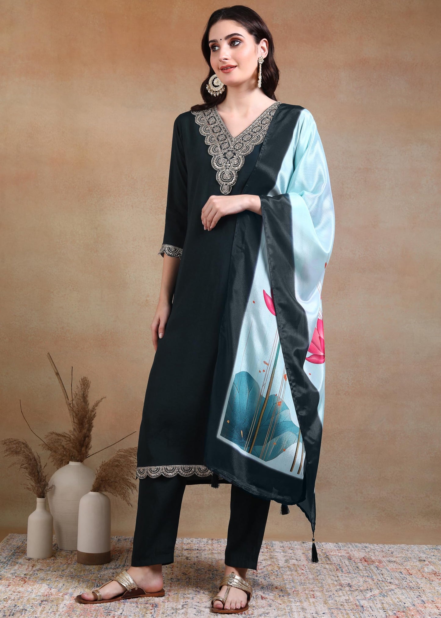 Memore WomenS Silk Embroidered Kurta Pant Set With Digital Printed Dupatta V Neck 3/4 Sleeves Straight Calf Length And Solid Bo