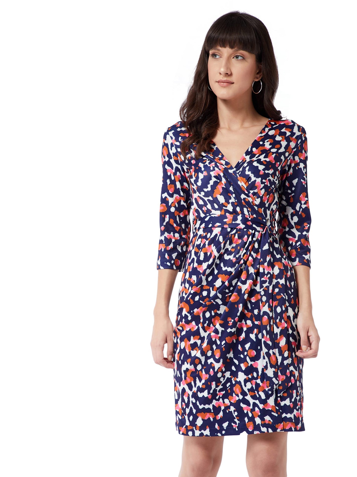 Miss Chase Womens Multicolored-Base-Navy Blue V-Neck 3/4th Sleeve Animal Wrap Knee Length Dress (MCAW21D14-85-178-03, Multicolo