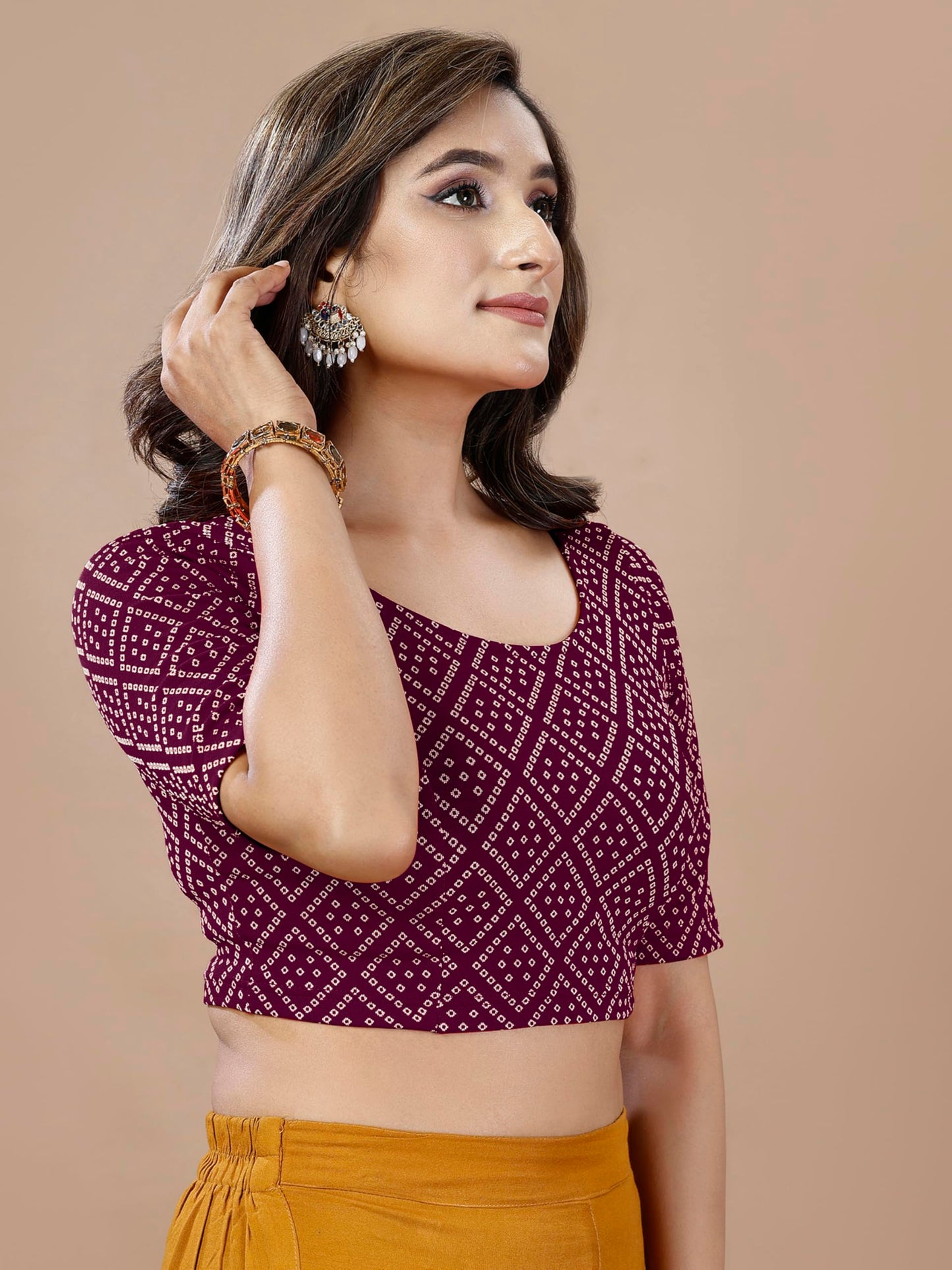 Oomph! WomenS Indian Ethnic Wear Designer Bandhani Pattern Zari Work Boat Neck Half Sleeve Aubergine Purple Color Lycra Readyma