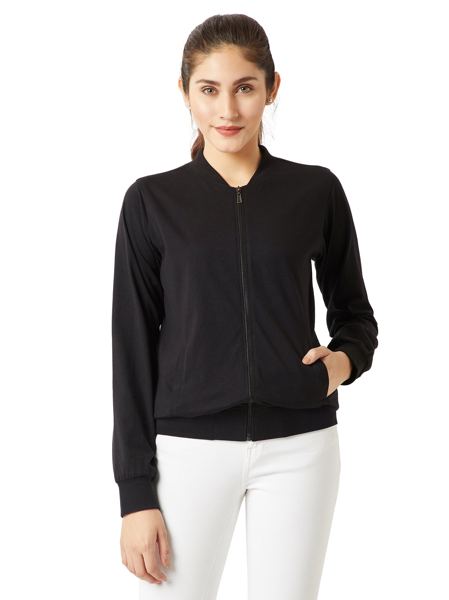 Miss Chase WomenS Black Round Neck Full Sleeves Cotton Regular Fit Solid Bomber Jacket (Mcaw18Jkt02-22-62-06, Black, X-Large)