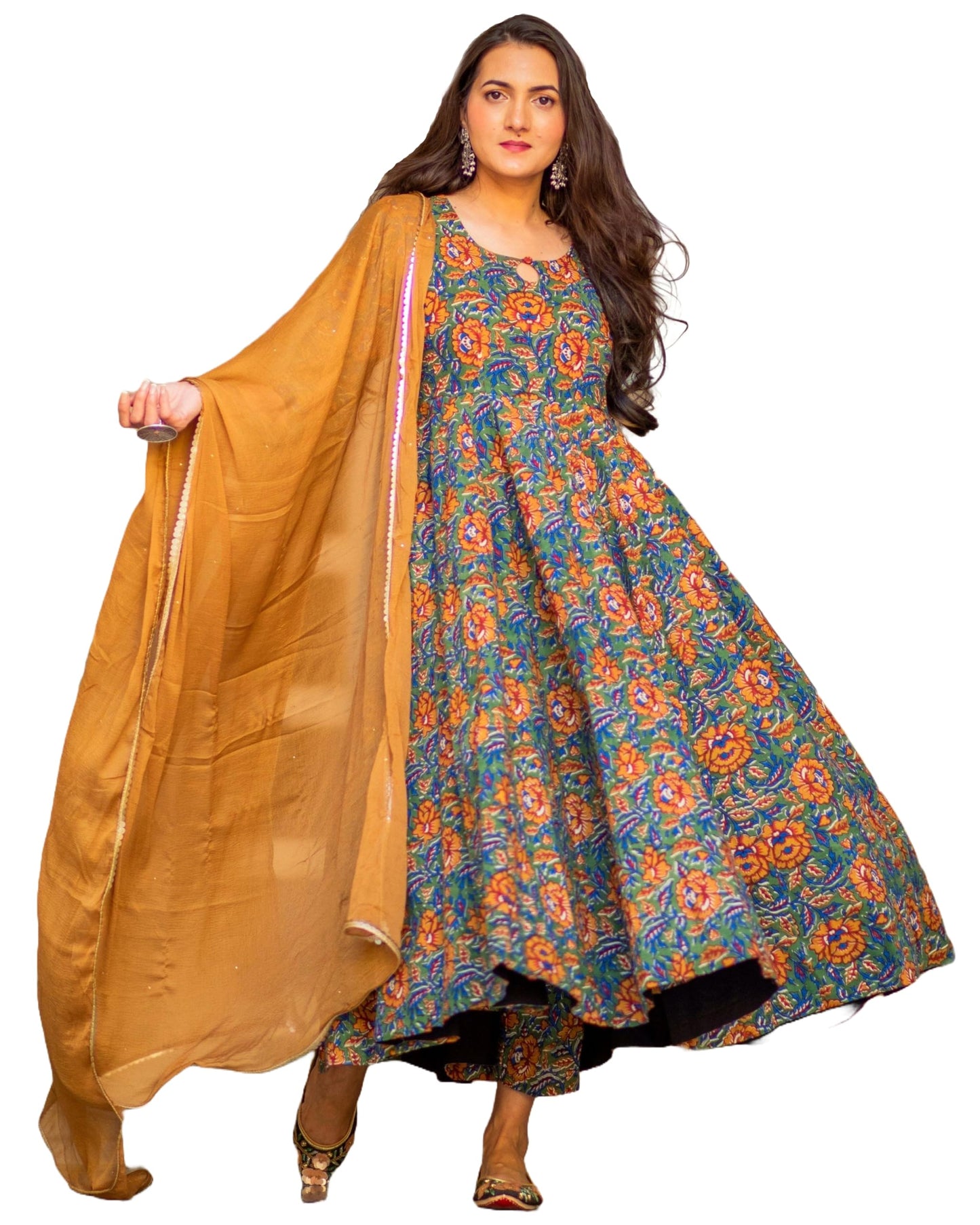 Gosriki WomenS Rayon Blend Bagru Printed Anarkali Kurta With Pant & Dupatta (Locket-Multi-Gs_Xxl_Mustard_Xx-Large)
