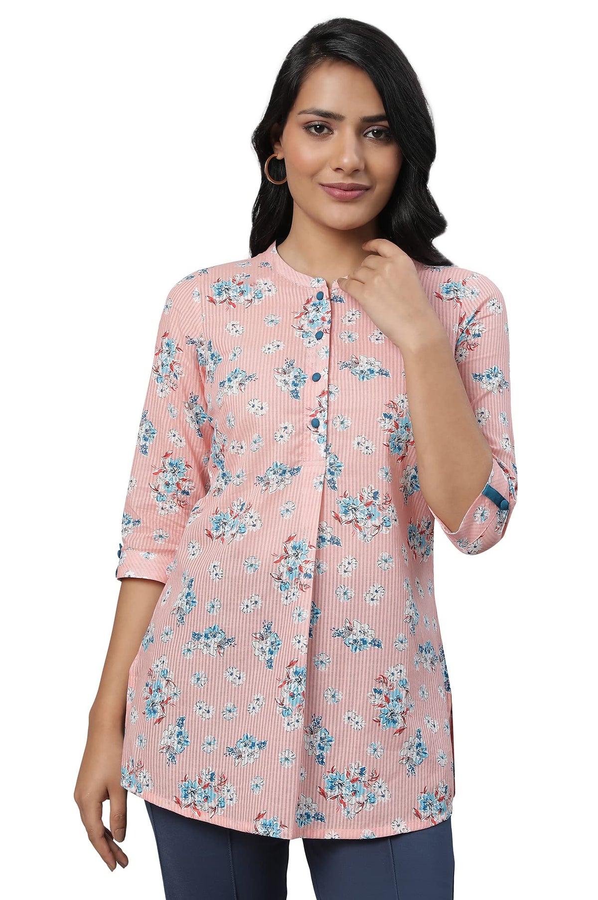 Aurelia Peach Striped Cotton Regular Kurti For Women