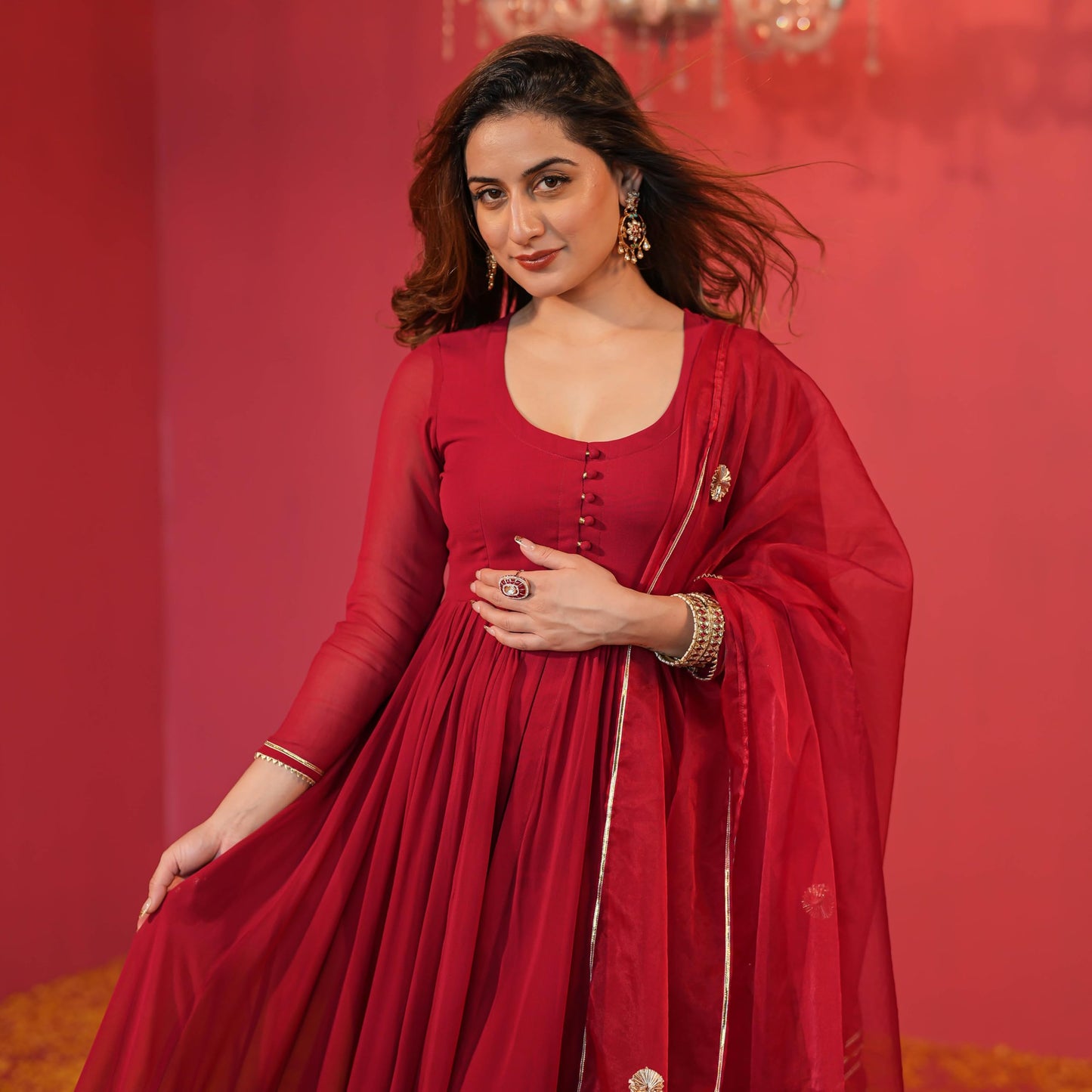 GoSriKi Women's Anarkali Kurta with Pants & Dupatta, Rayon Blend, Size 36, Red, Model JAYNTI RED-GS