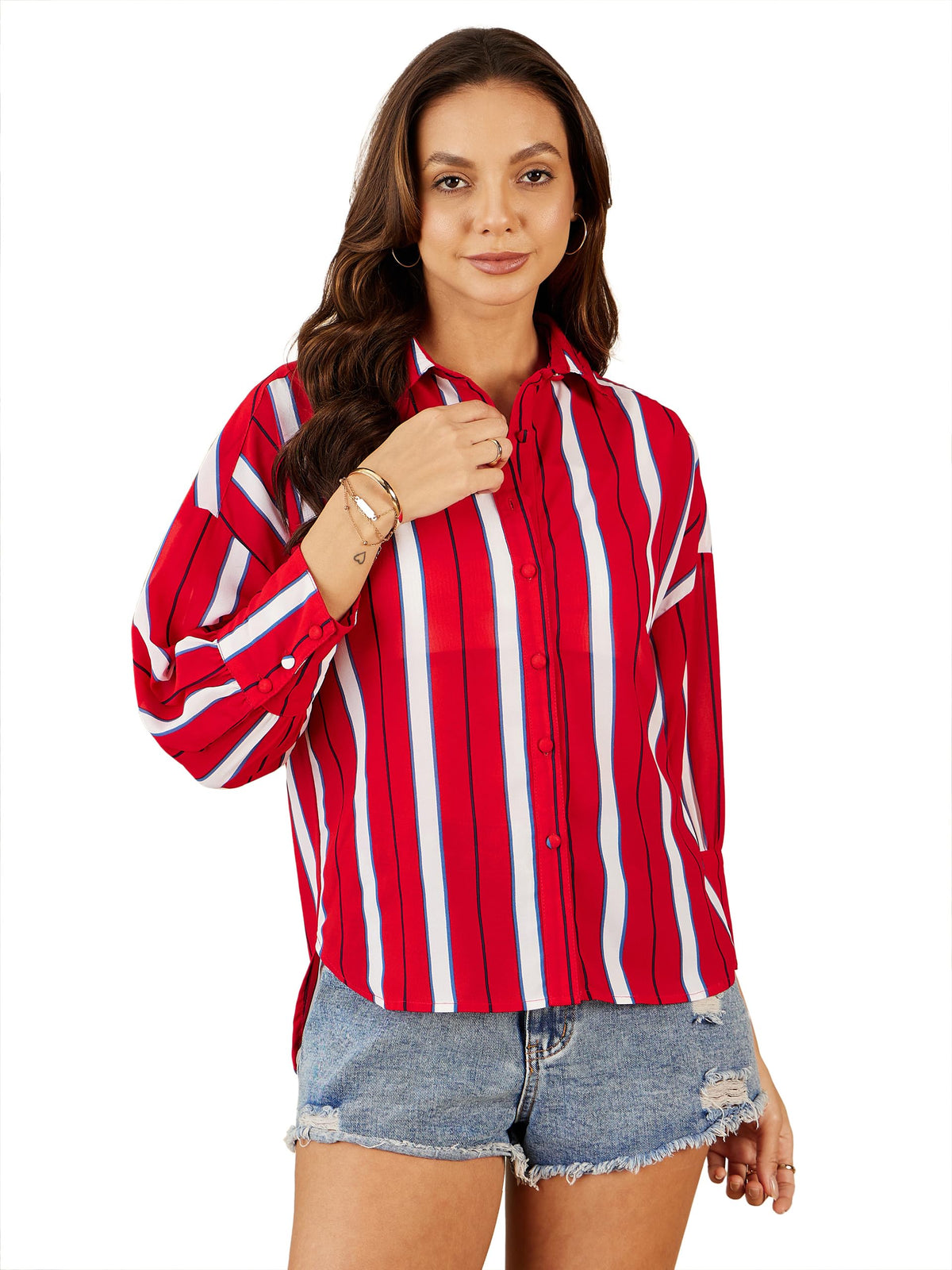 RARE Womens Striped Regular Fit Shirt (EP8111A_Red