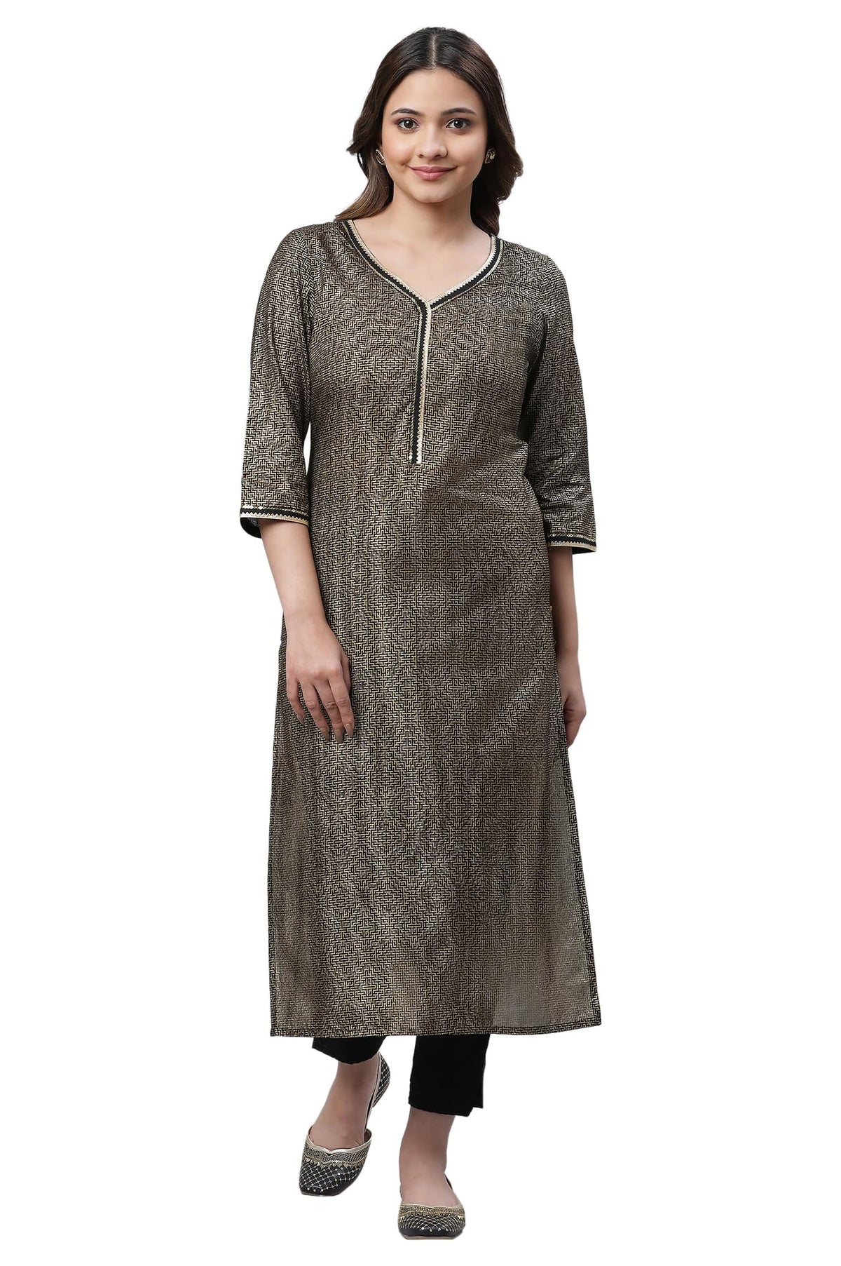 Aurelia Black Geometric Printed Printed Cotton Straight Long Kurta For Women