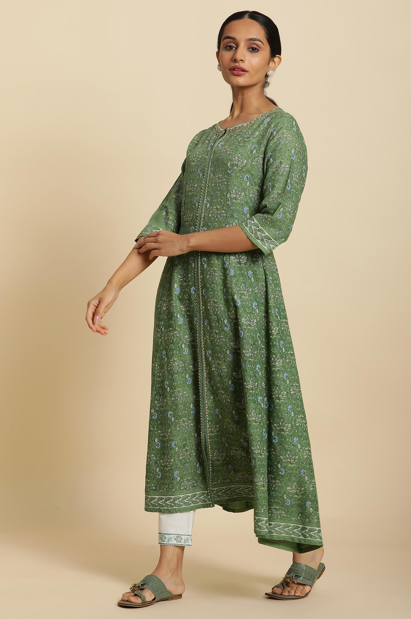 W for Woman Forest Green Printed Panelled Kurta