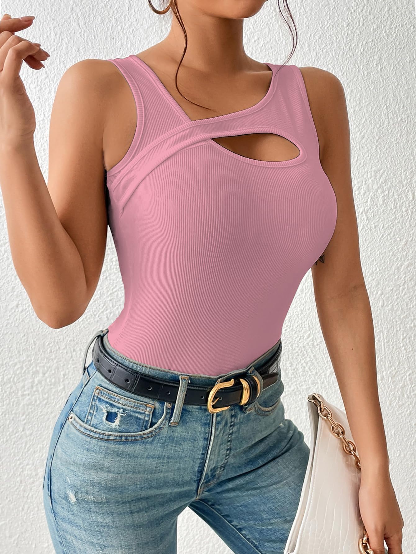 Sugathari Womens Peach Cut Out Asymmetrical Neck Rib Knit Jeans Korean Trendy Tank Western Tops for Women Stylish (T-Shirt 182
