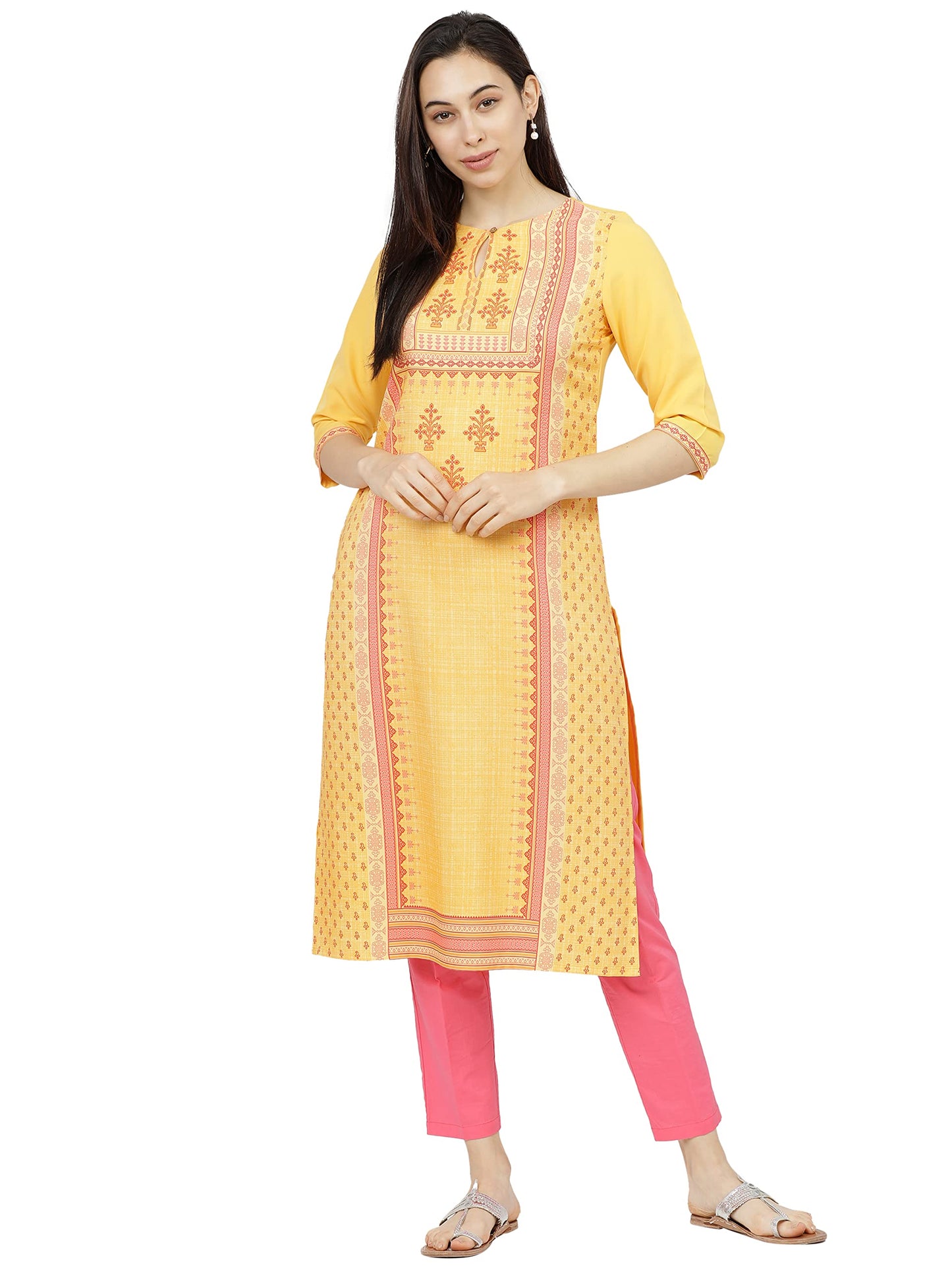 Ketch Women'S Polyester Regular Fashion Kurta (Khku000059_Yellow, Regular Fit, Xl