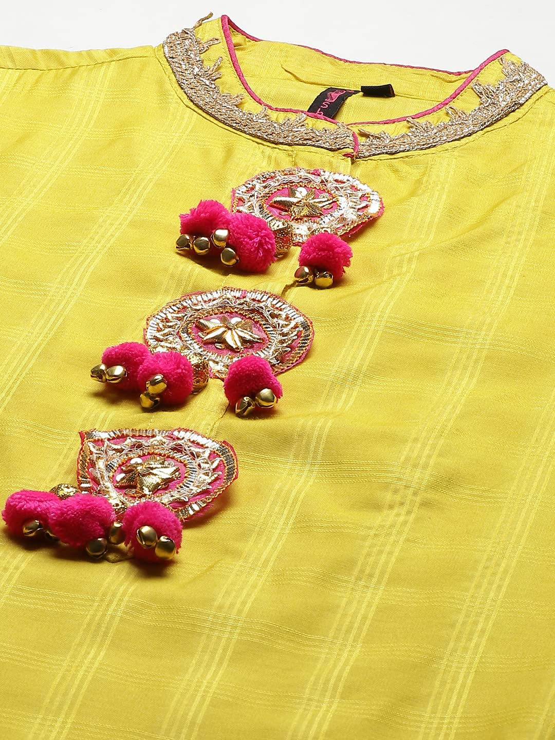 ishin Women's Cotton Blend Embroidered Gotta Patti Yellow Leheriya Print A-Line Kurta suit set With Dupatta & Skirt