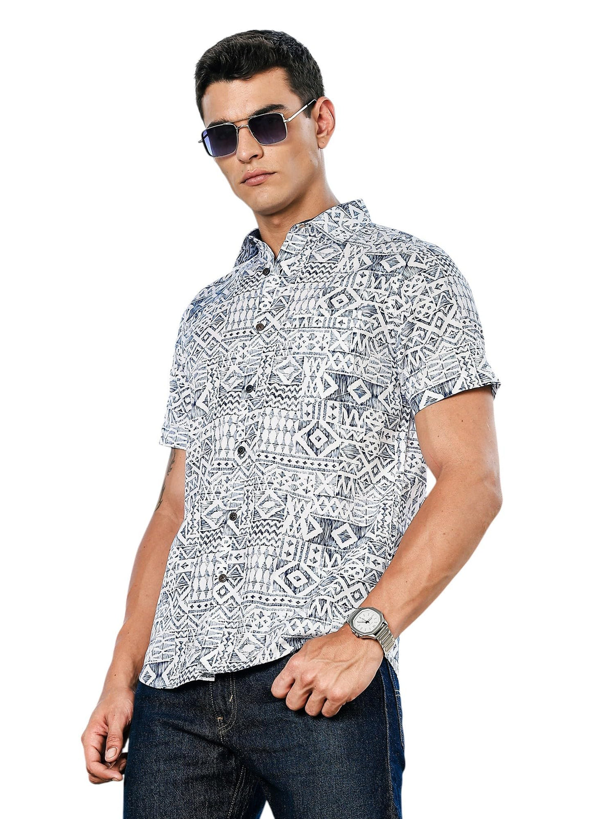 Thomas Scott Mens | All Over Printed | Spread Collar | 100% Cotton | Short Sleeve | Shirts for Men (Available in Plus Size) Blu
