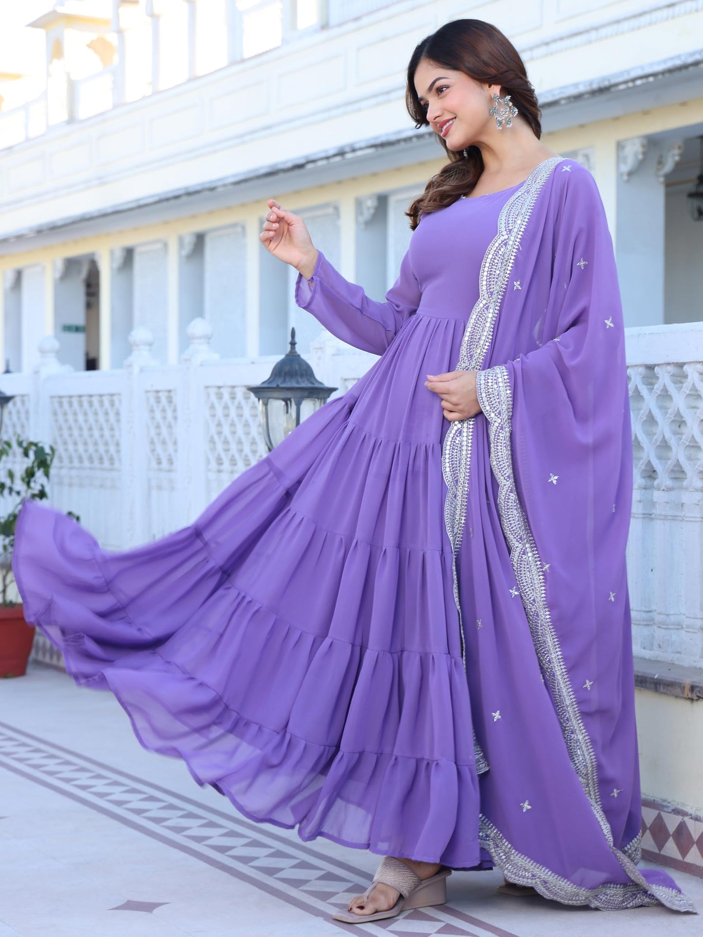 Fashion Basket WomenS Georgette Solid Anarkali Dress Lavender