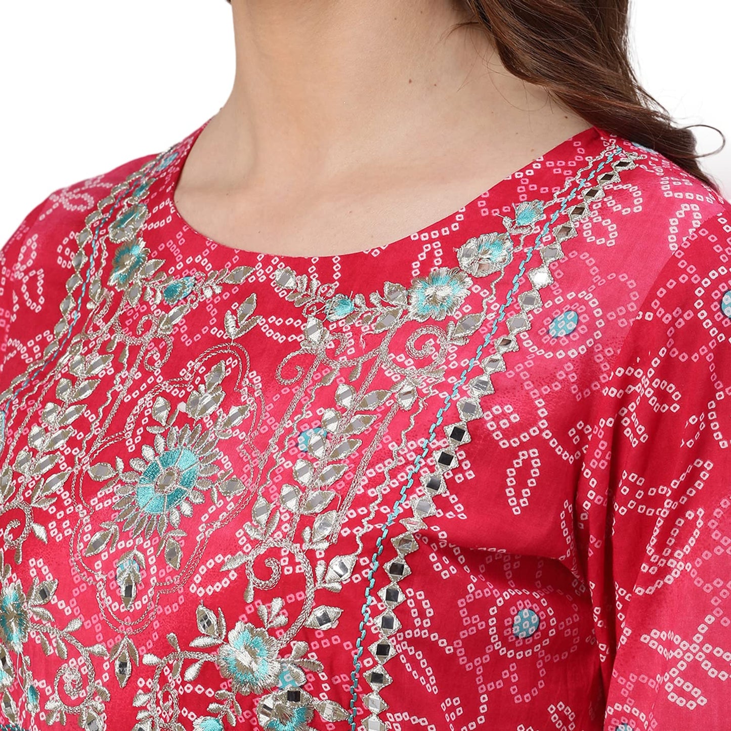 ishin Women's Cotton Anarkali Embroidered Zari Bandhani Print Pink Kurti