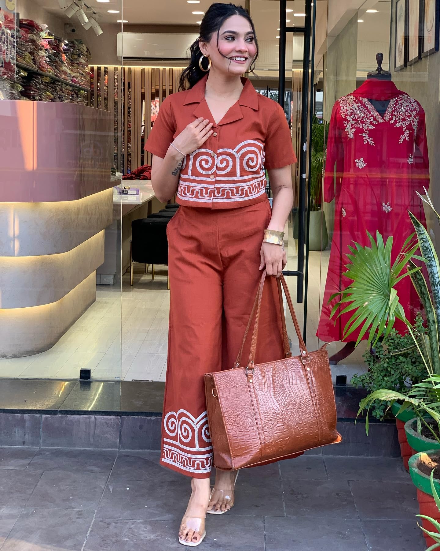 GoSriKi Women's Rayon Viscose Straight Palazzo Print Kurta, XXL, Rust, Model SIMLA RUST-GS