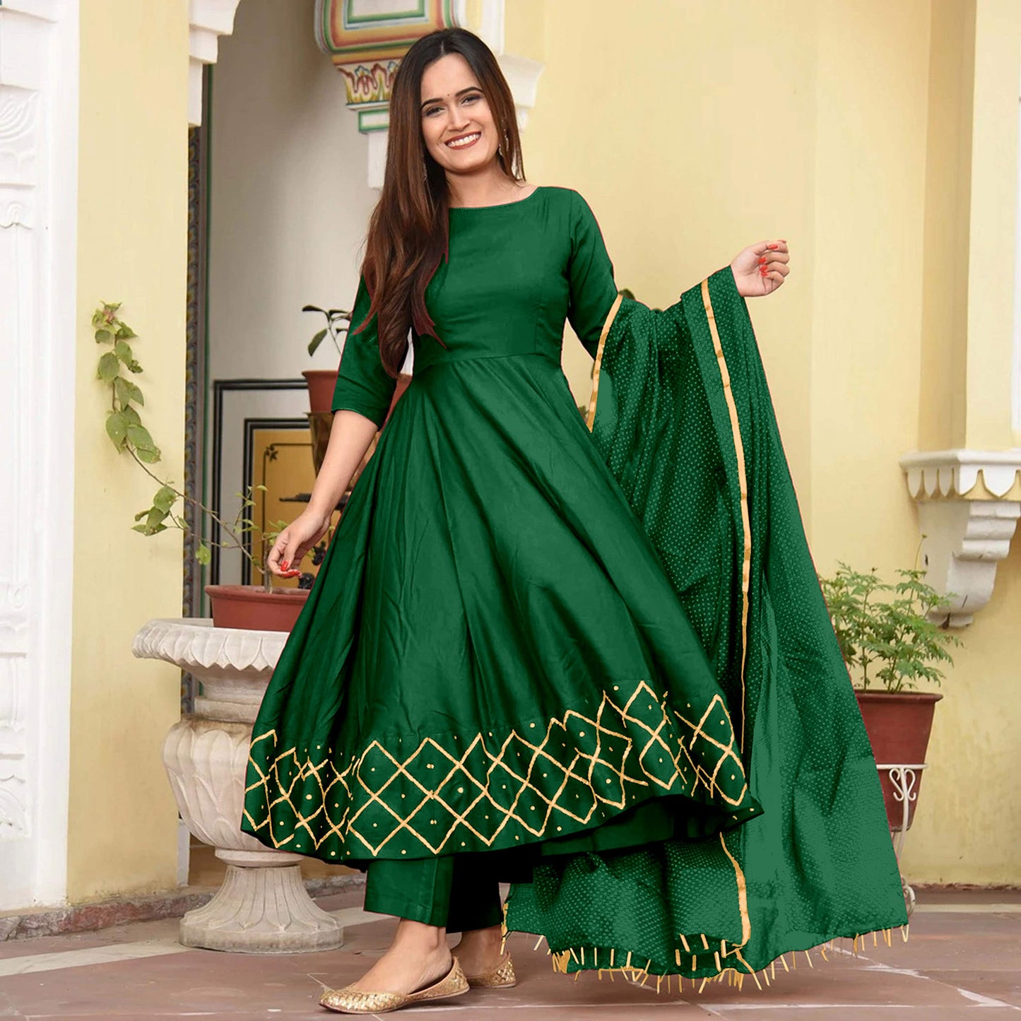 ANNI DESIGNER Anarkali Gold Printed Kurta & Dupatta Set