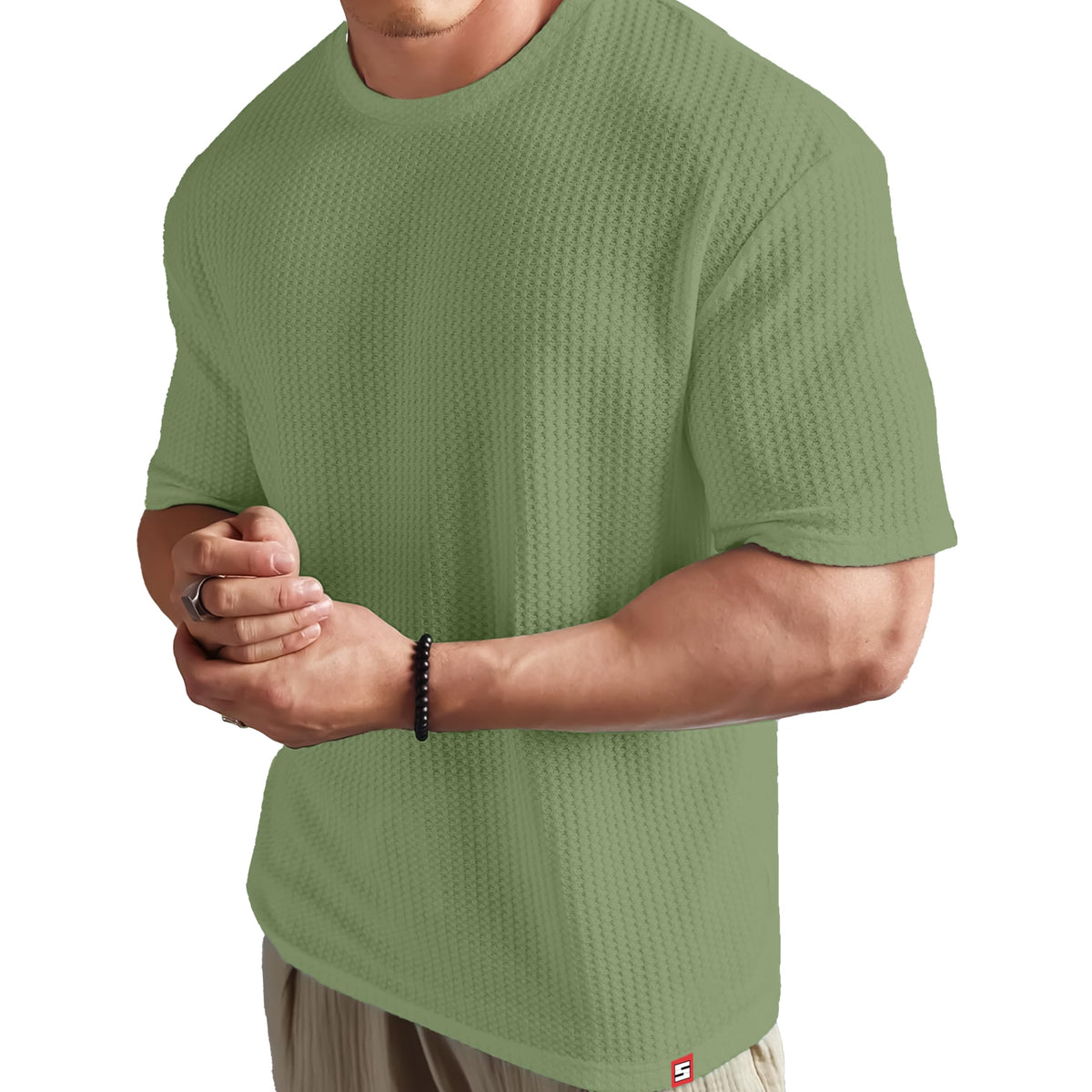 SHODOX Mens Solid Dotted Unique Design Oversized Tshirt for Men - Round Neck Loose Fit Drop Shoulder Mens T-Shirt Green