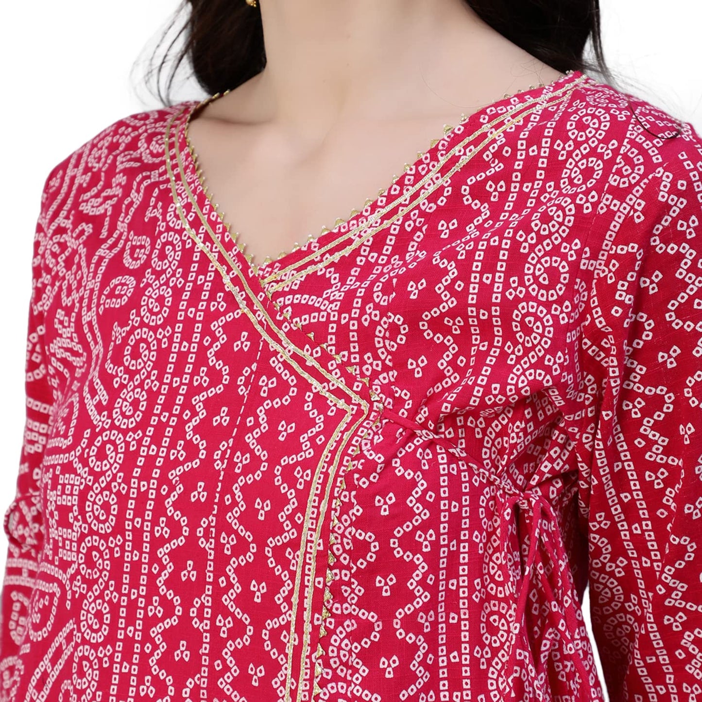 ishin Women's Pure Cotton Anarkali Embroidered Gotta Patti Bandhani print Pink Kurta suit set with Trouser