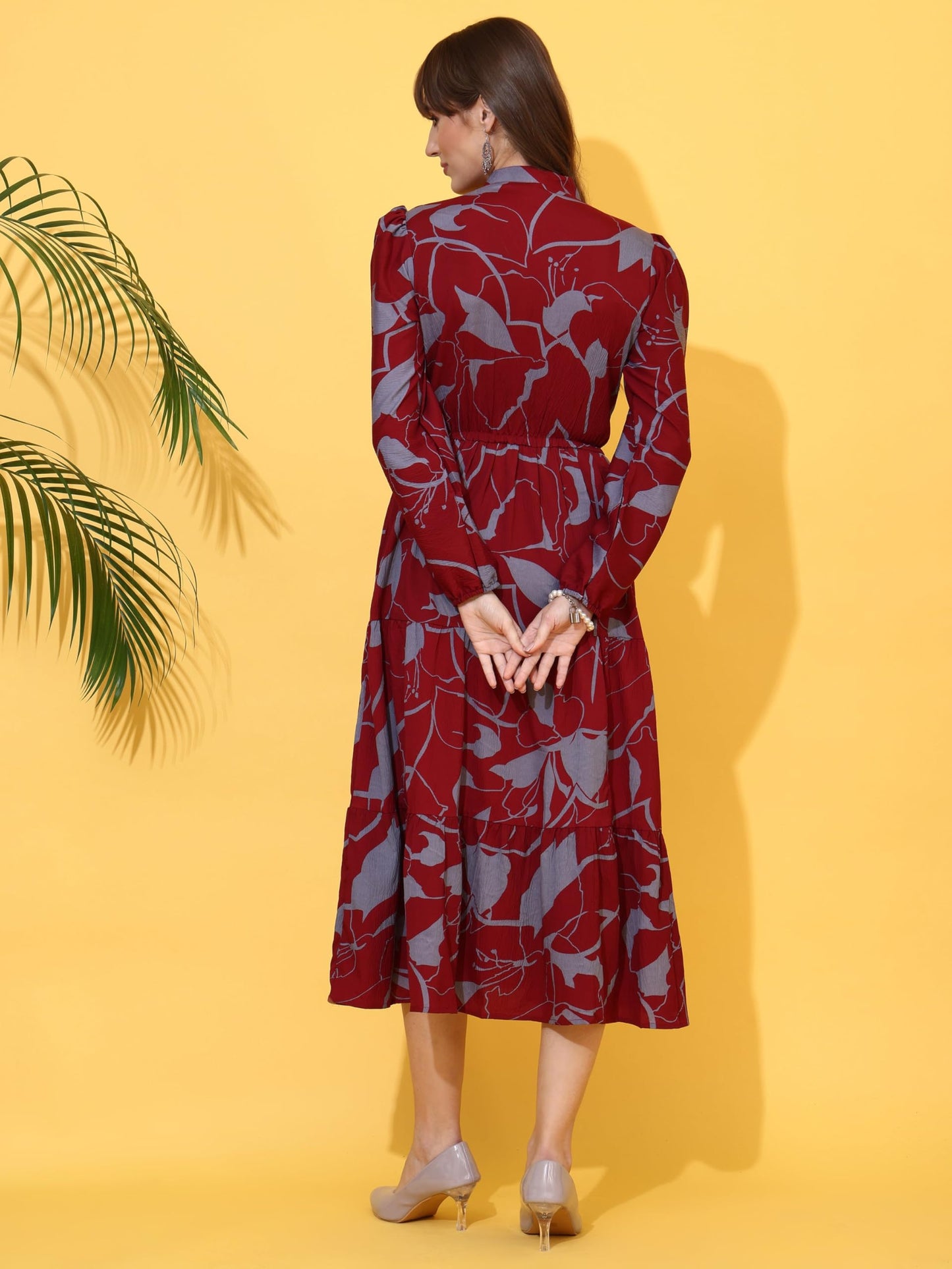 Sheetal Associates WomenS Casual Full Sleeve Crepe Fit & Flare Dress | Comfortable Relaxed Fit Summer Party Dress Maroon