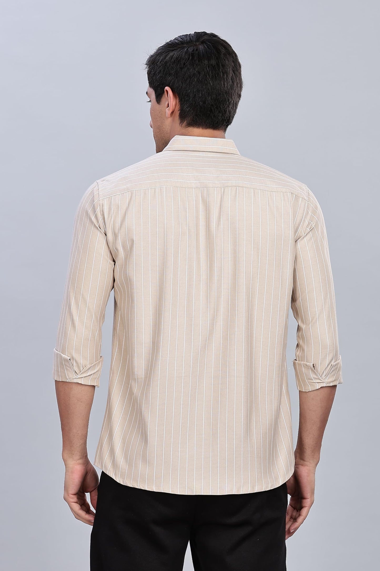 Mildin MenS Brown Pure Cotton Full Sleeve Spread Collar Regular Fit Striped Printed Formal Shirt With Patch Pocket (Brown Oxfor