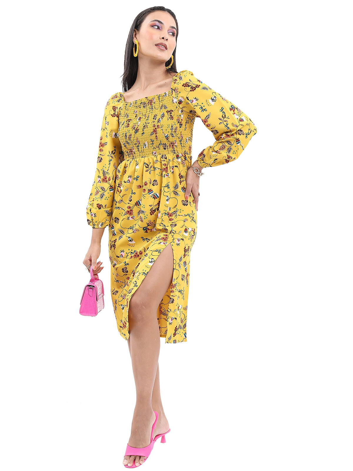 Ketch WomenS Polyester Classic Calf Length Casual Dress (Khj6000031 Yellow