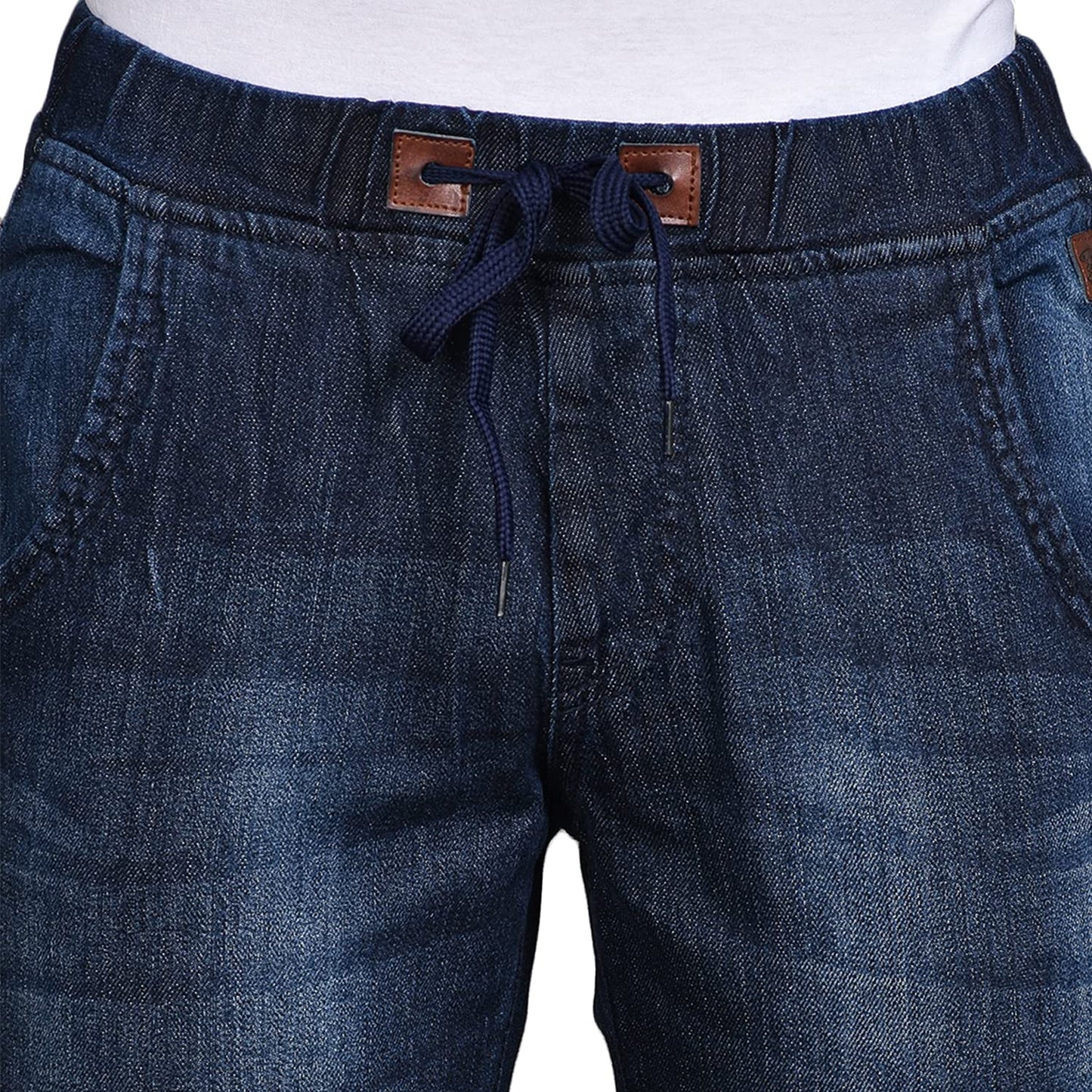 Campus Sutra Mens Classic Blue Dark-Washed Patterned Regular Fit Denim Jeans | Drawstring Mid-Rise Stretchable Cotton Denim Jean