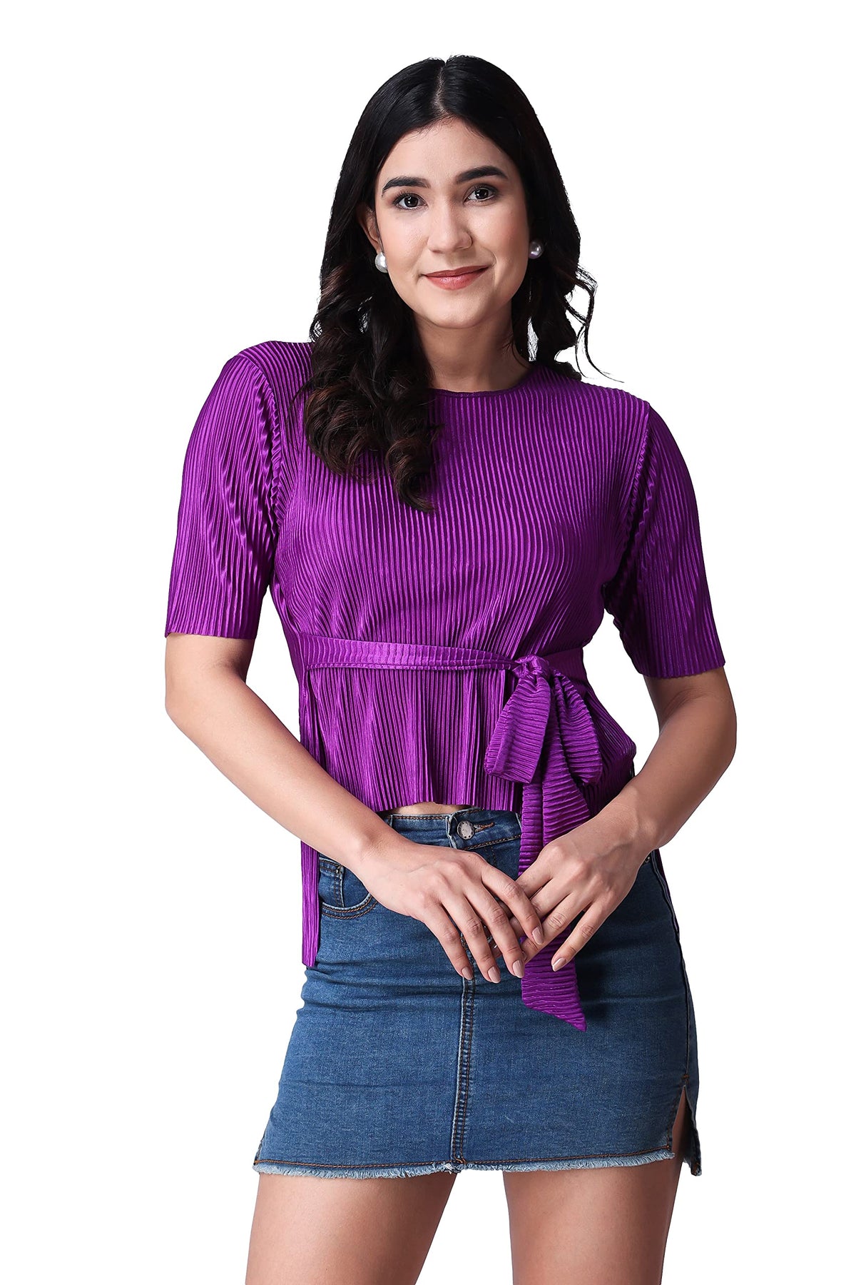 POPWINGS Casual Wrinkle Belt Top for Women || Round-Neck Stylish Summer Tops for Women || Half Sleeves Tops for Women Purple