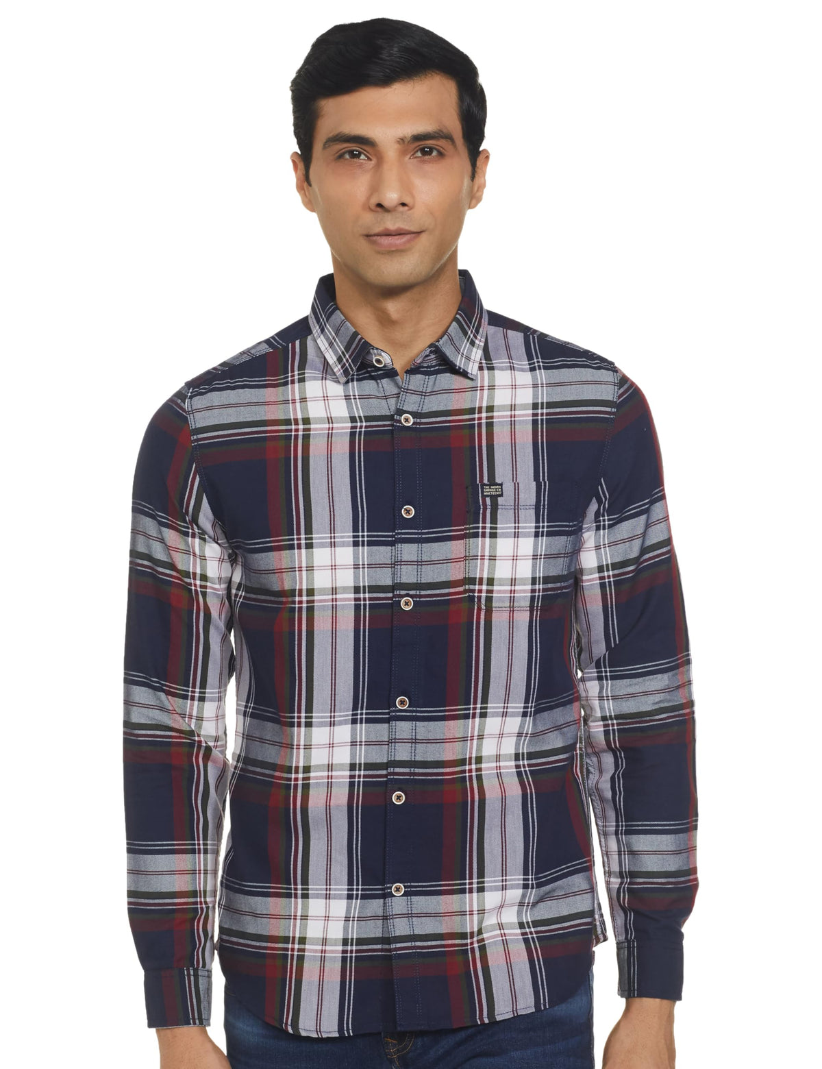 The Indian Garage Co Men Navy Checkered Slim Fit Cotton Casual Shirt