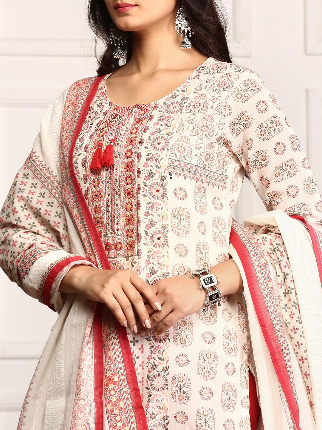 ishin Embellished Ethnic Motifs Printed Tie Up Kurta with Pants And Printed Dupatta | Kurta set for women | Kurta with trousers and dupatta