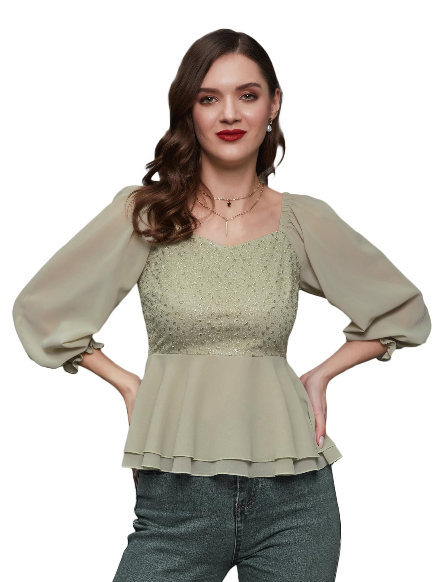 Miss Chase Womens Sweetheart Neck Bishop Sleeve Embellished Peplum Georgette Regular Length Top (MCAW25TP98-56-AQQ-04, Fern Gre