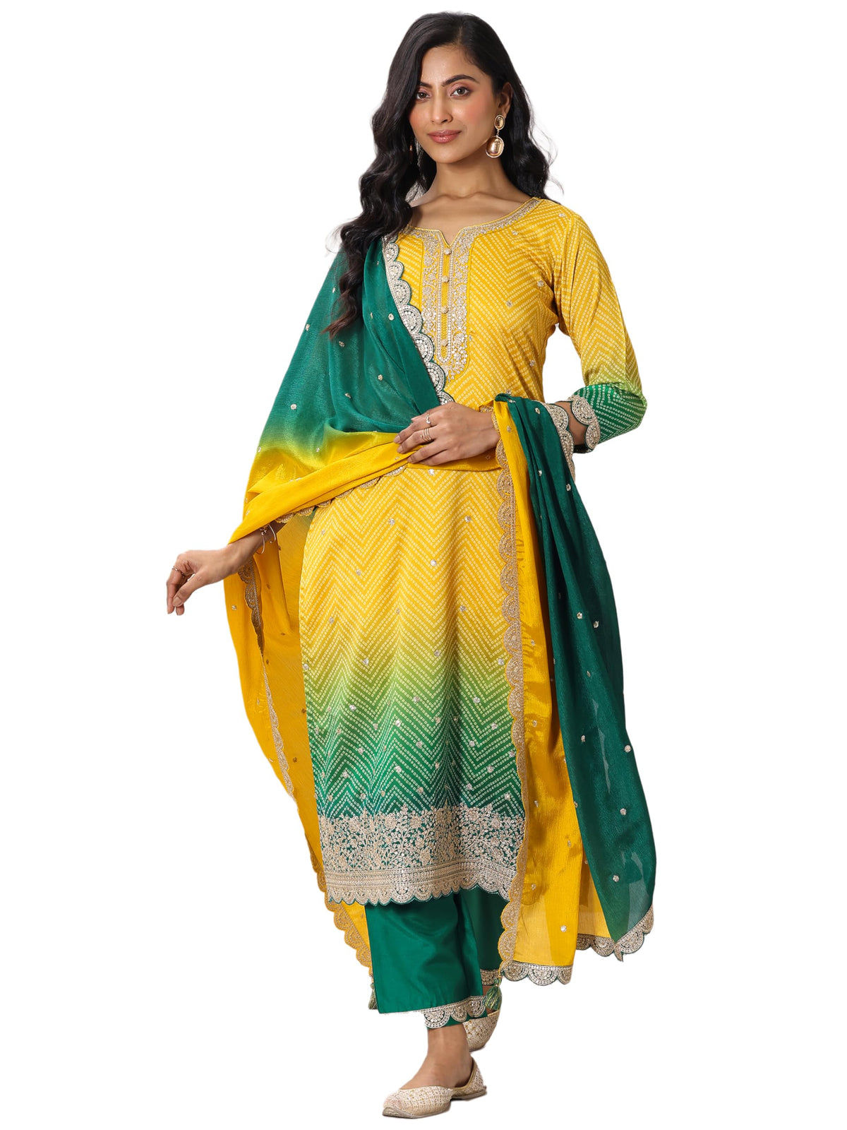 Libas Womens Printed Chinon Straight Kurta With Palazzos And Dupatta