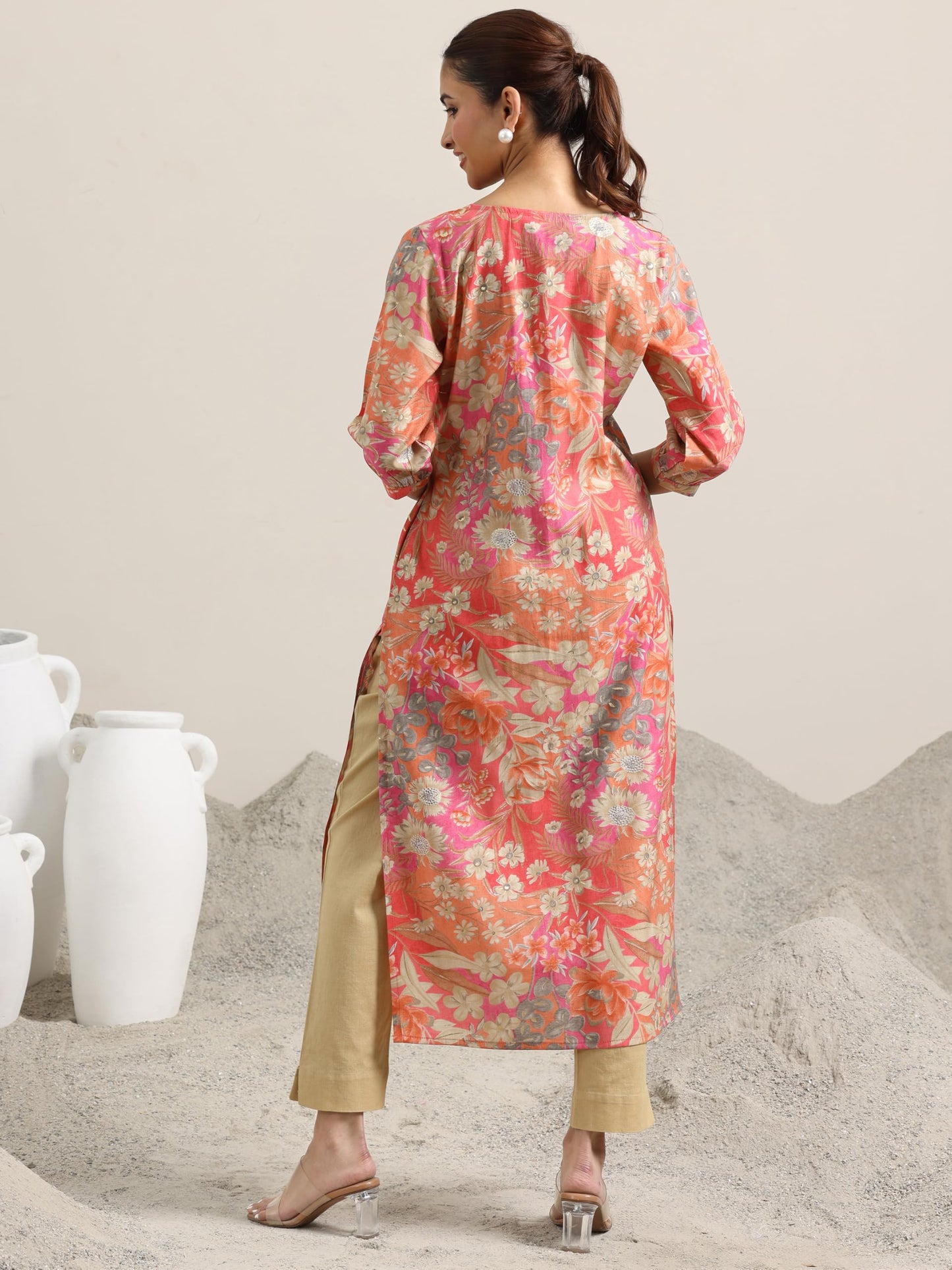 Libas Women's Silk Blend Floral Straight Kurta