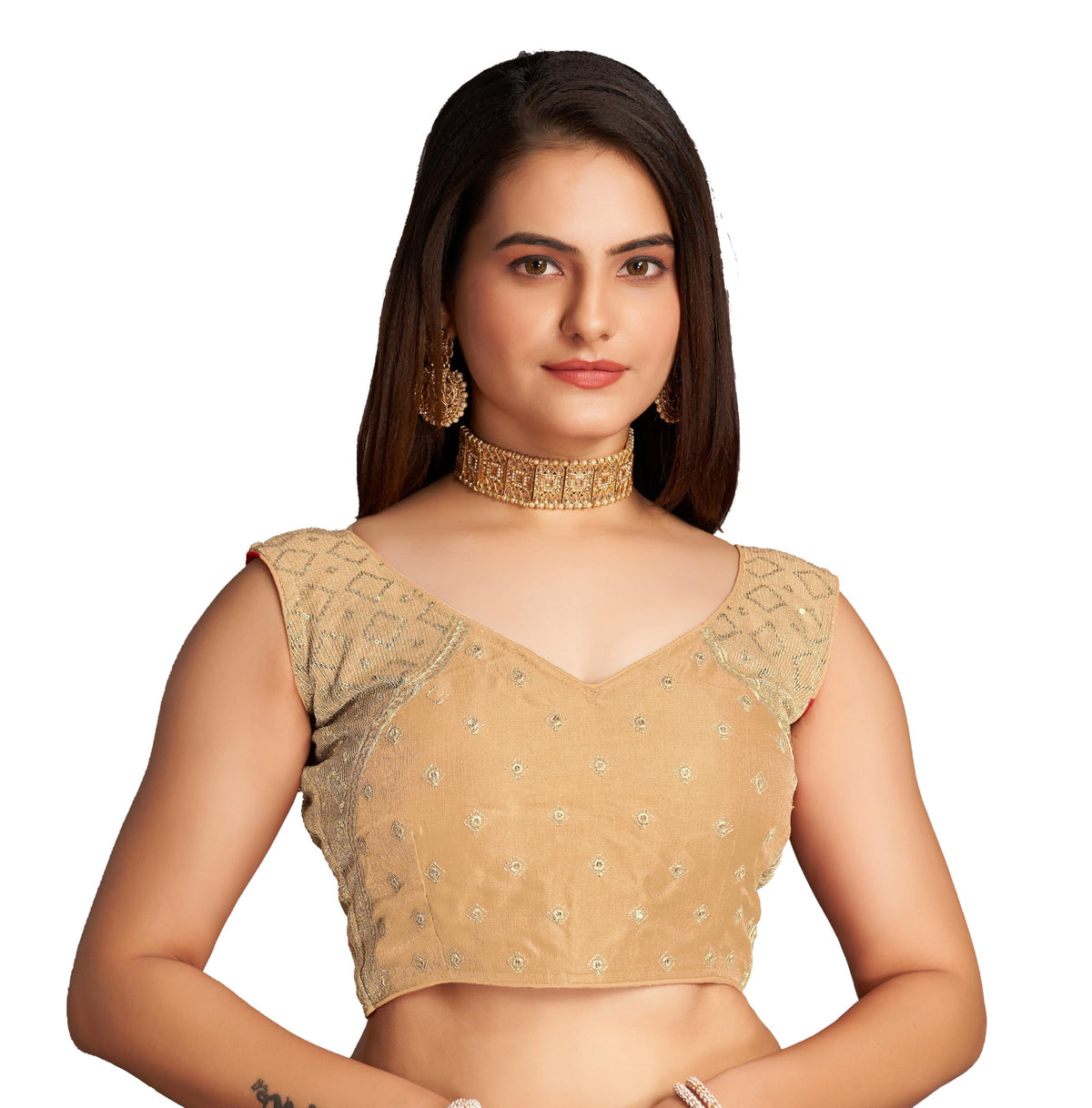 Pujia Mills WomenS Sequin Embroidered V Neck Sleeveless Gold Readymade Saree Blouse Indian Ethnic Stitched Padded Blouses For W