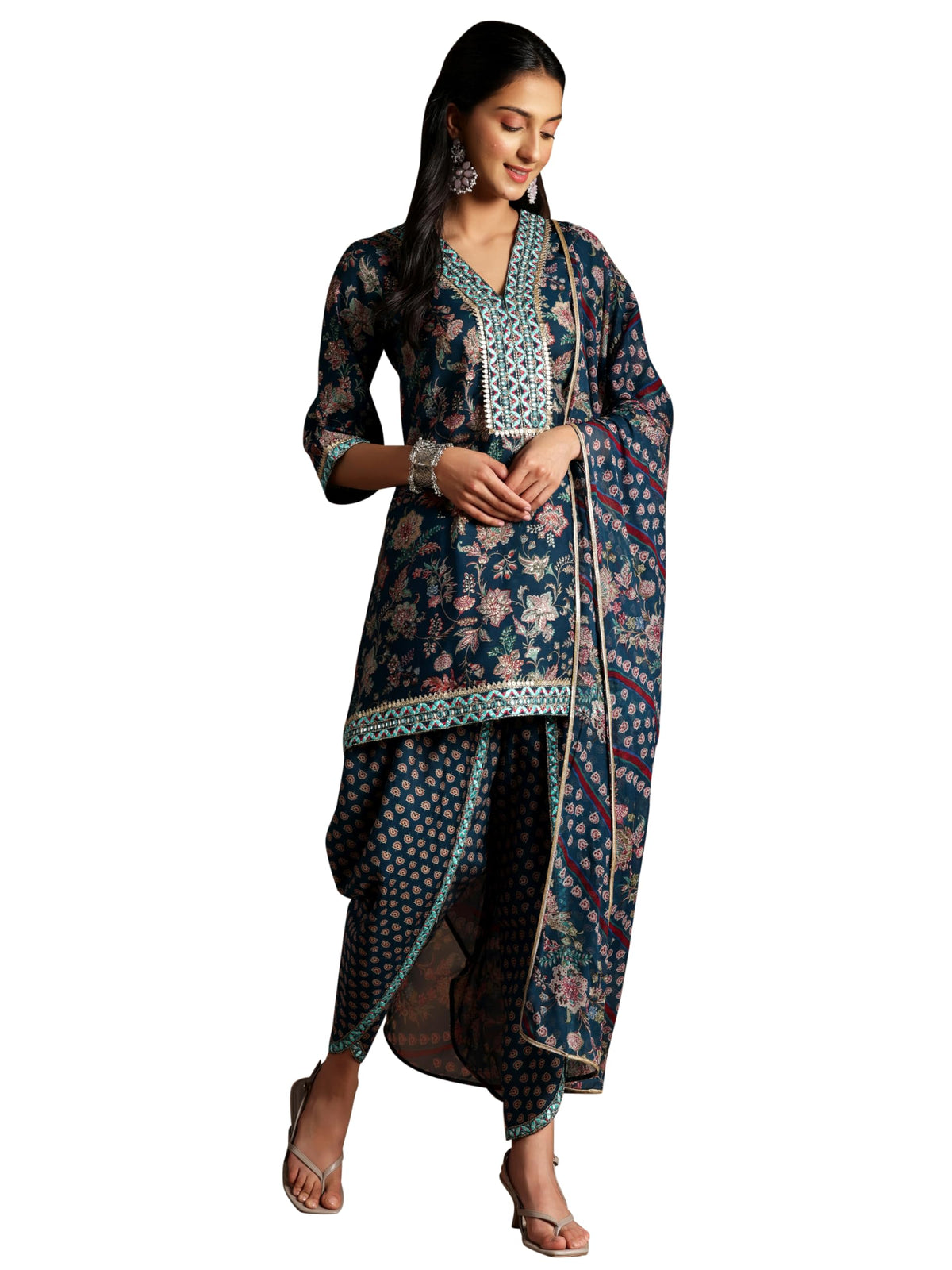 Libas Womens Printed Silk Blend Straight Kurta With Dhoti Pant And Dupatta