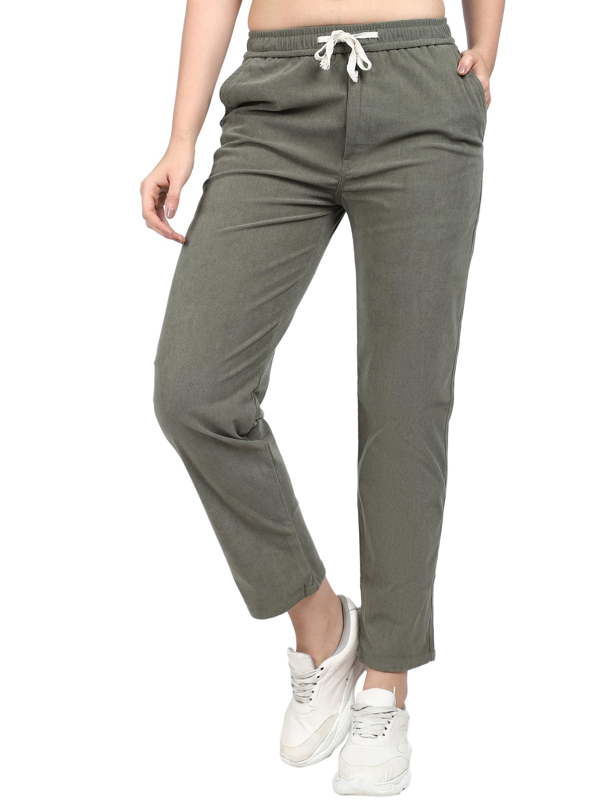 Shasmi Womens Olive Front Tie Loose Fit Corduroy Baggy Long Slacks Chino Pants with Slant Pocket Simple Casual Trousers, Going