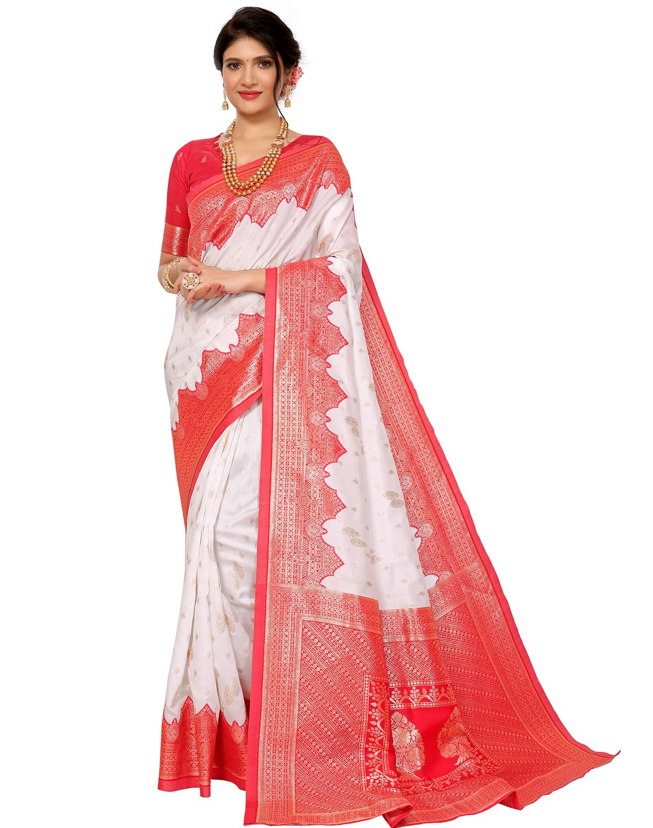 Yashika Womens Plain Temple Print Banarasi Kanjivaram Art Silk Saree Specially for Durga Puja with Unstitched Blouse Material (