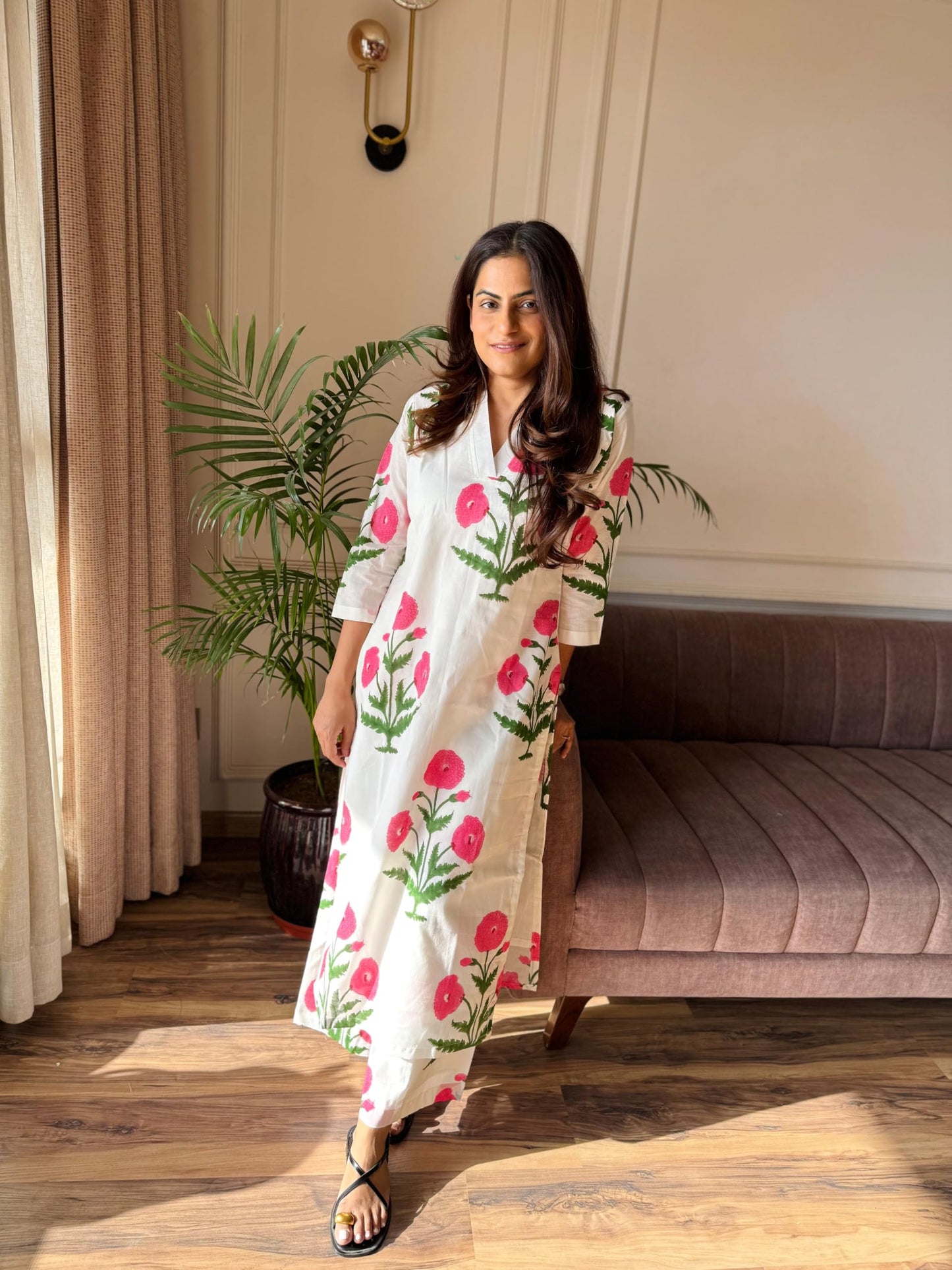 GoSriKi Palazzo Women's Kurta, Viscose Rayon, Printed, Large, White, Model ANEENA WHITE-GS