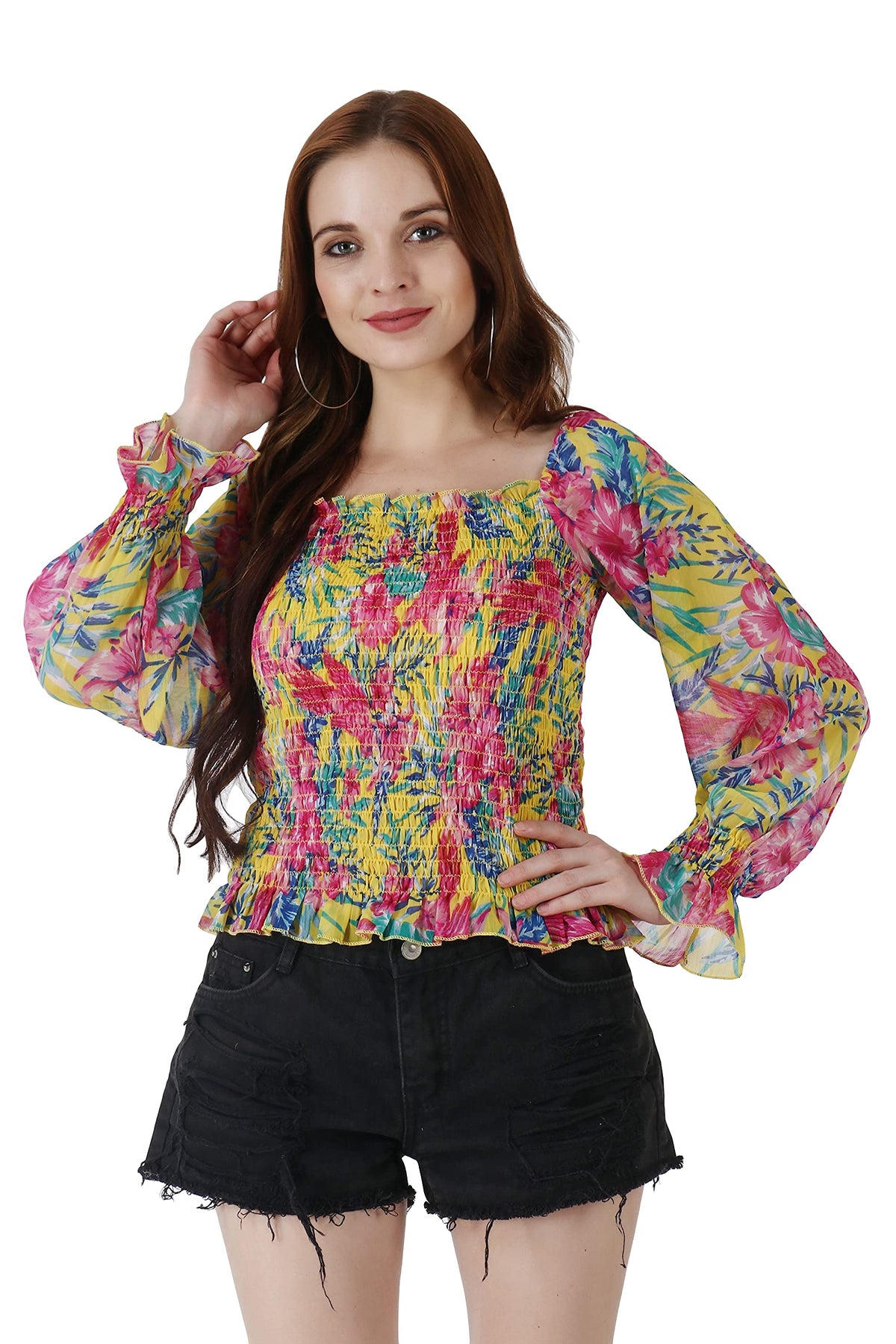 POPWINGS Casual Floral Print Chiffon Regular Fit Tops for Women || Full Sleeves Summer Tops for Women || Square Neck Smocking Pa