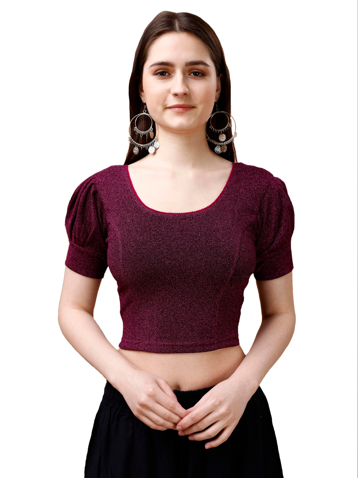 Pujia Mills WomenS Readymade Shining Lycra Stretchable Round Neck Half Puff Sleeve Blouses Lycra Stretchable Wine Color Blouse