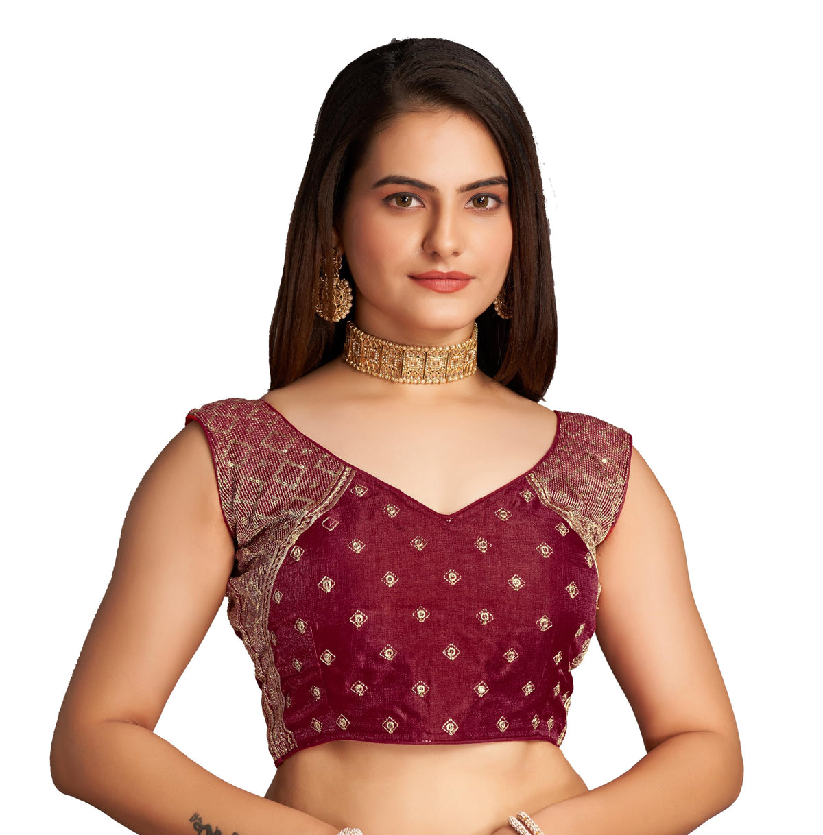Pujia Mills WomenS Sequin Embroidered V Neck Sleeveless Maroon Readymade Saree Blouse Indian Ethnic Stitched Padded Blouses For
