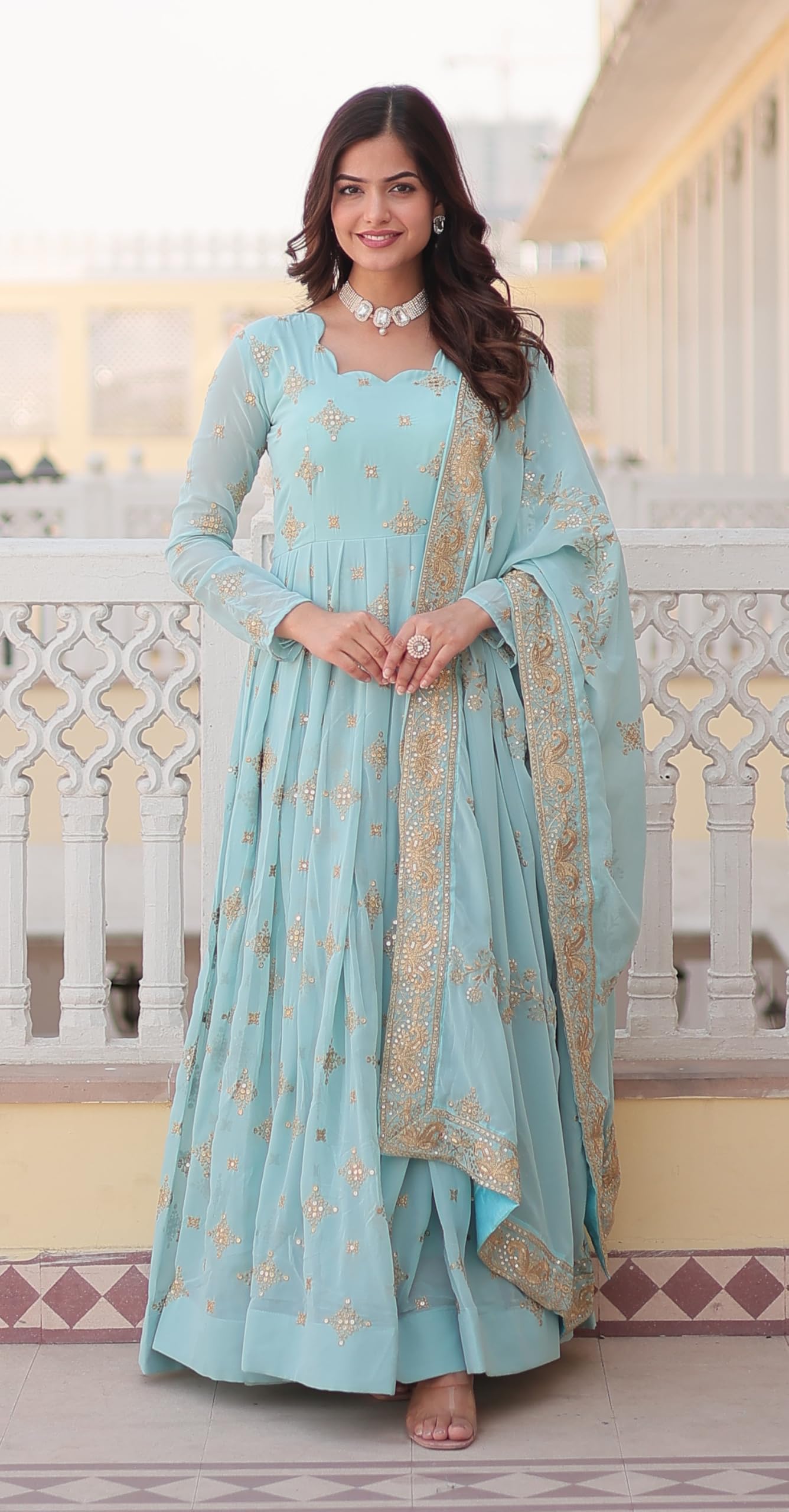 Wedani Anarkali Kurta Set, Georgette with Sequin Embroidery, XL, Sky Blue, Model E6247