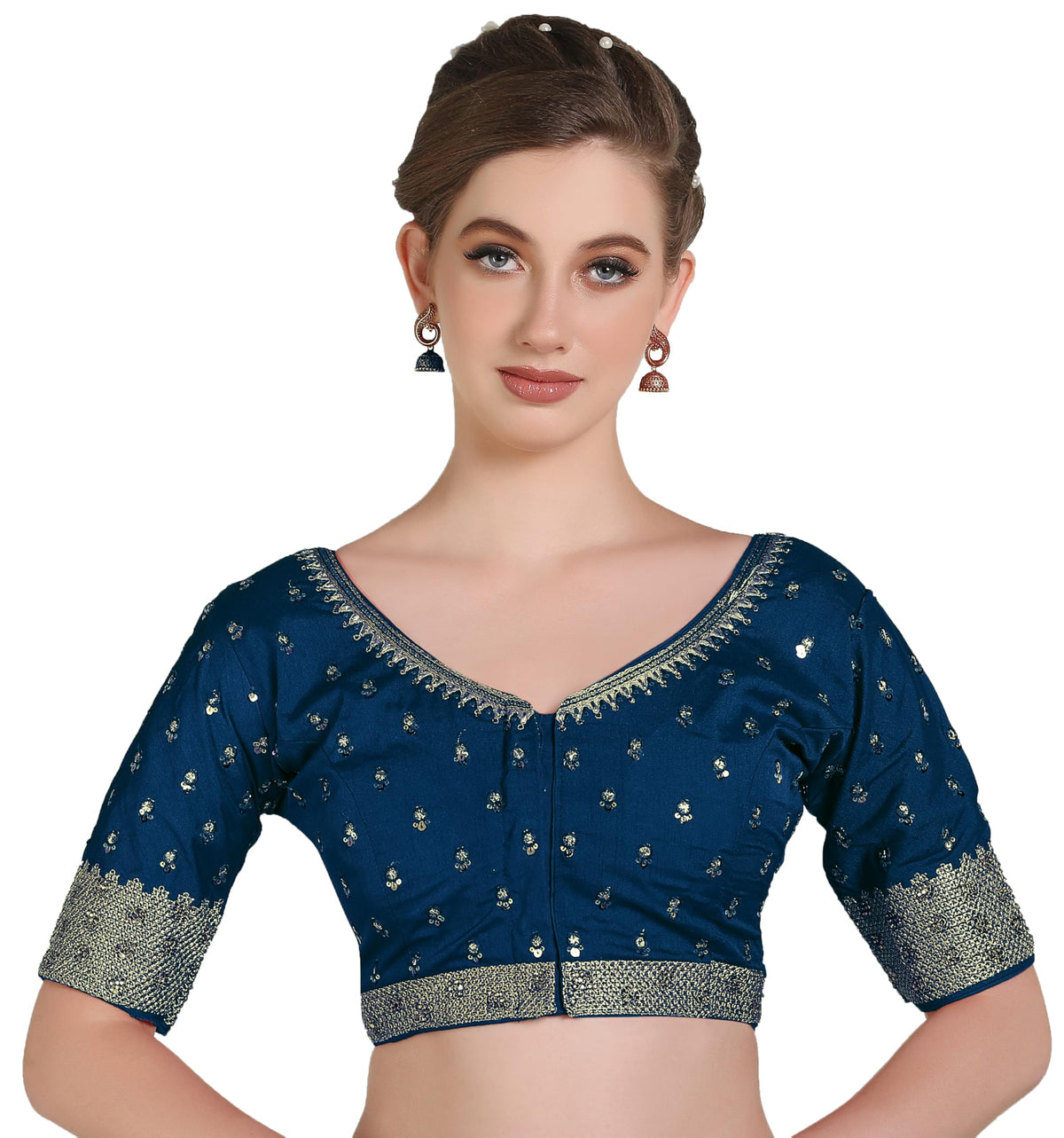 Pujia Mills Women Indian Ethnic Wear Designer Golden Codding With Zari Embroidered Diamond Work Round Neck Half Sleeve Readymade